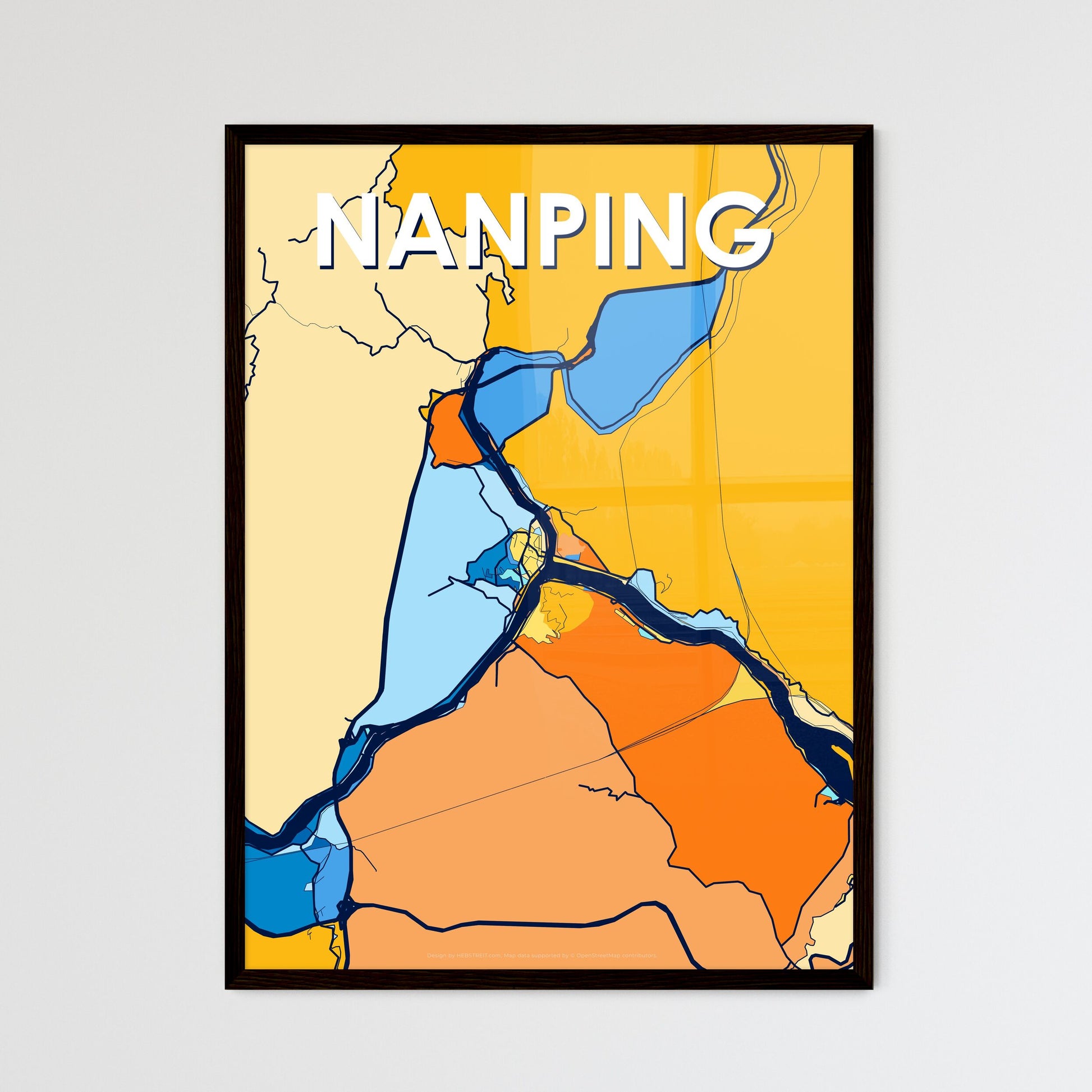 NANPING CHINA Vibrant Colorful Art Map Poster Blue Orange