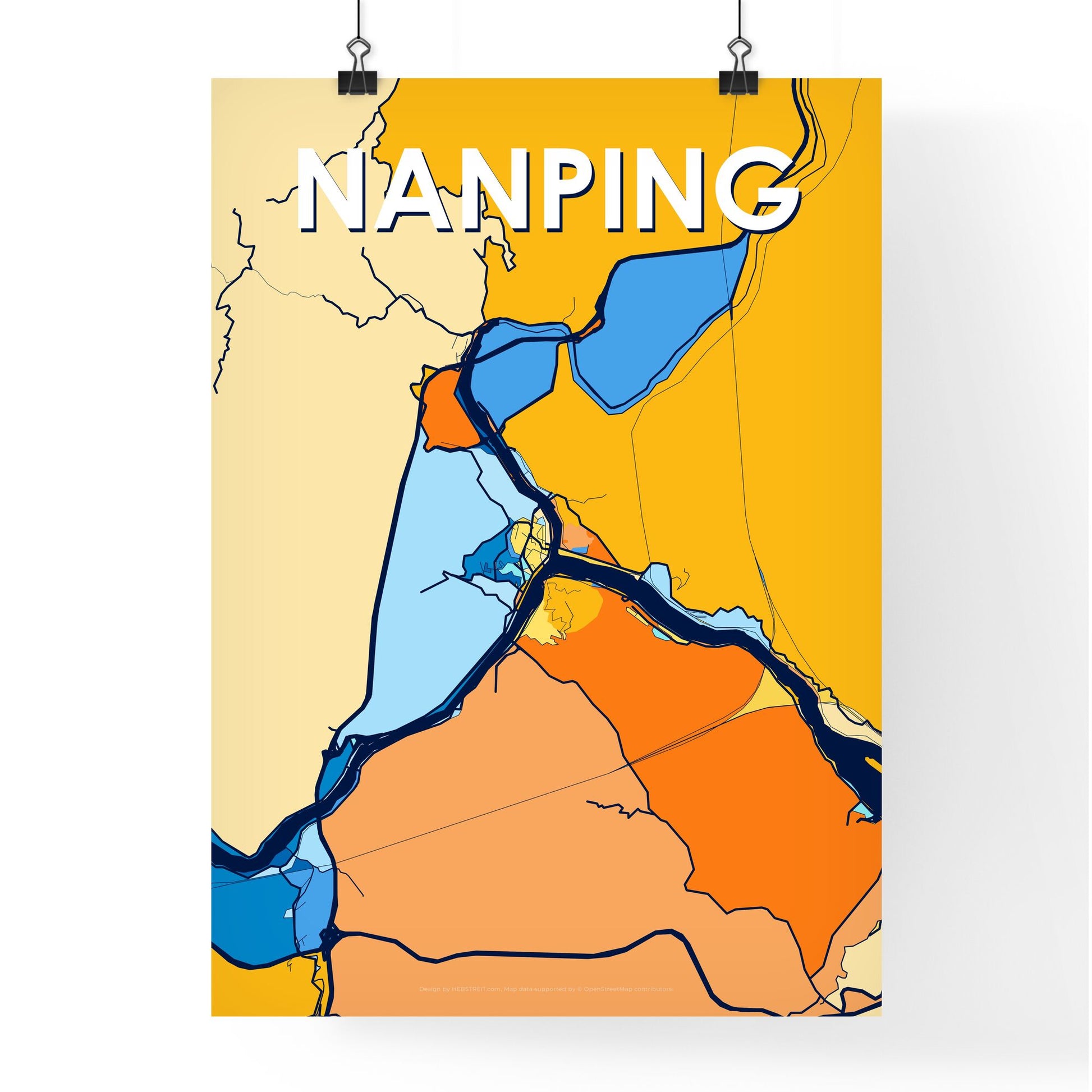 NANPING CHINA Vibrant Colorful Art Map Poster Blue Orange