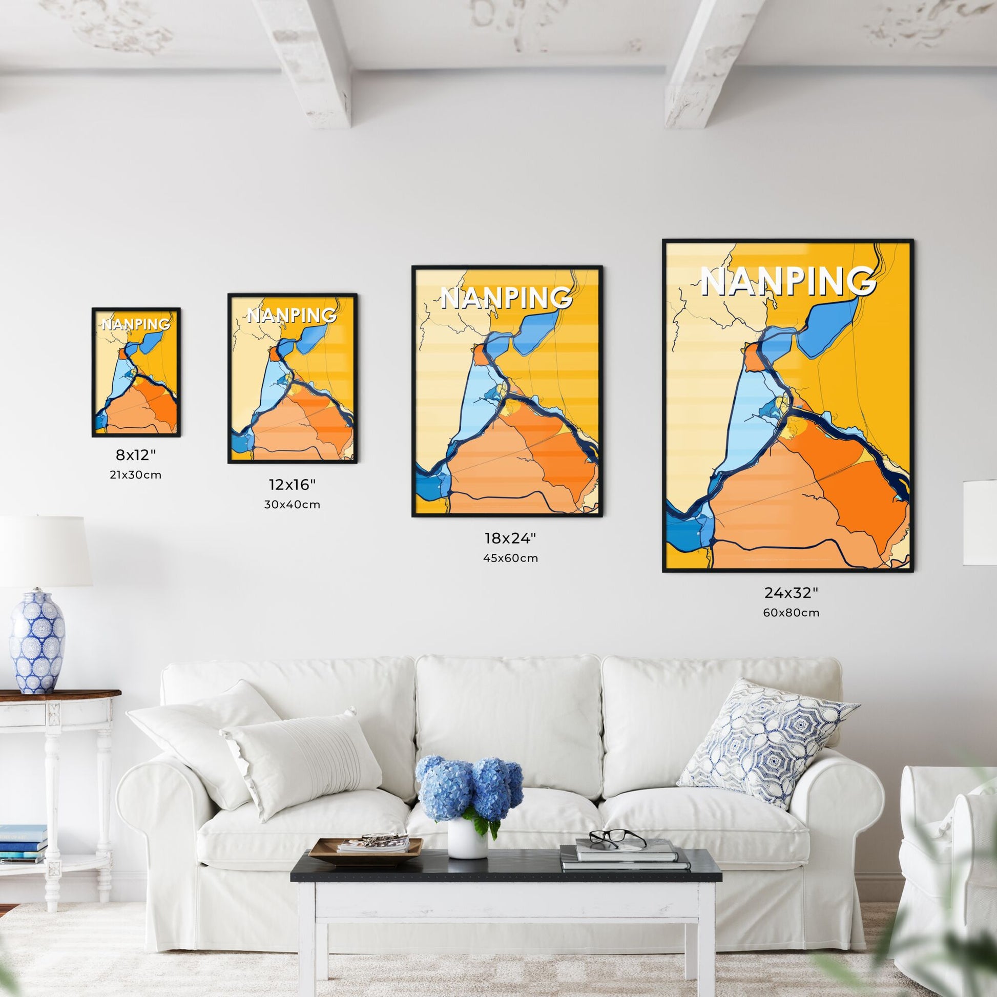 NANPING CHINA Vibrant Colorful Art Map Poster Blue Orange