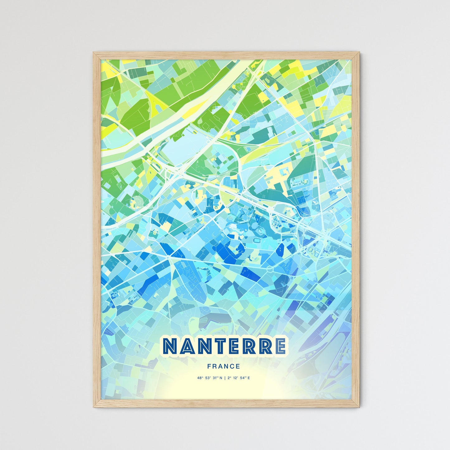 Colorful Nanterre France Fine Art Map Cool Blue
