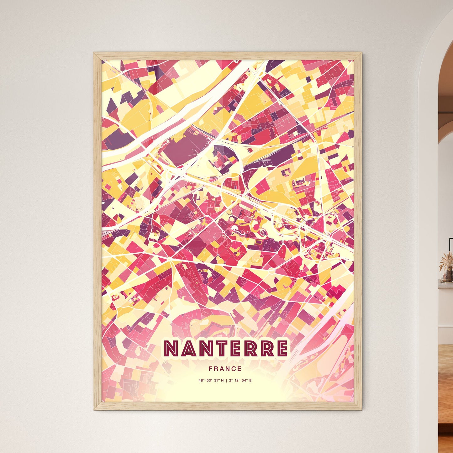 Colorful Nanterre France Fine Art Map Hot Red