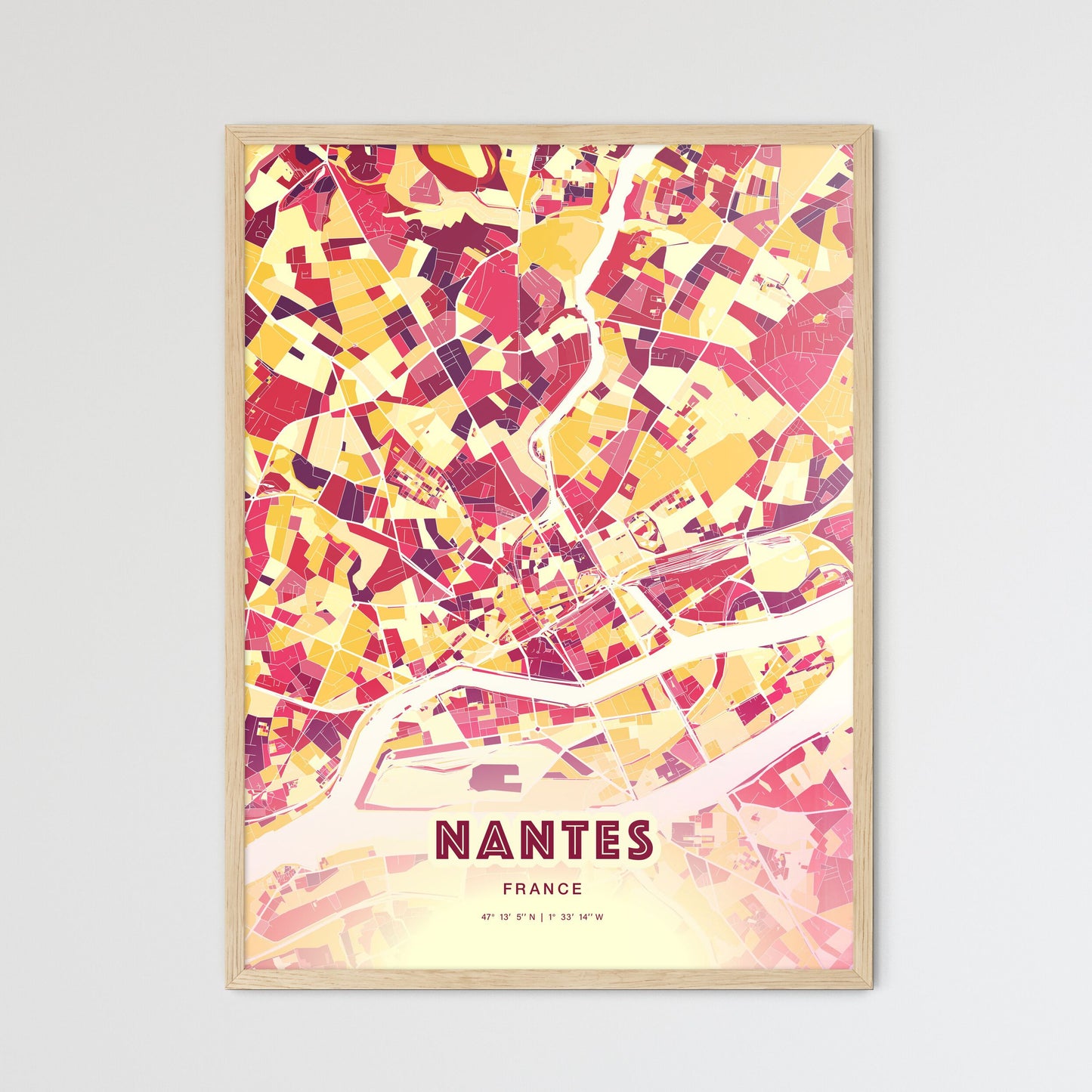 Colorful Nantes France Fine Art Map Hot Red