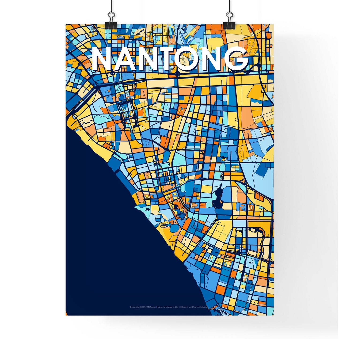 NANTONG CHINA Vibrant Colorful Art Map Poster Blue Orange