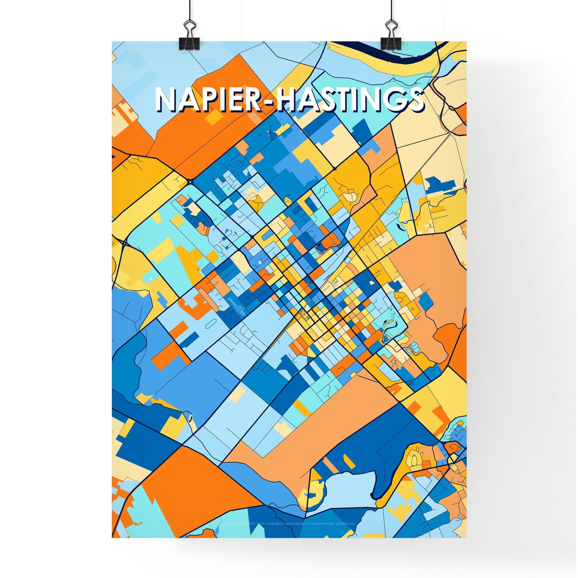 NAPIER-HASTINGS NEW ZEALAND Vibrant Colorful Art Map Poster Blue Orange