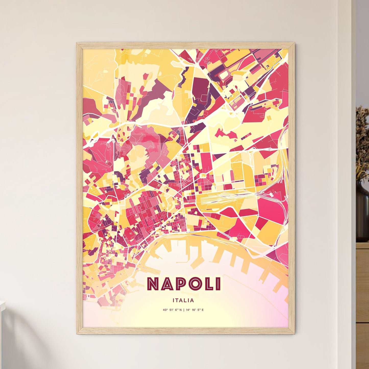 Colorful Naples Italy Fine Art Map Hot Red