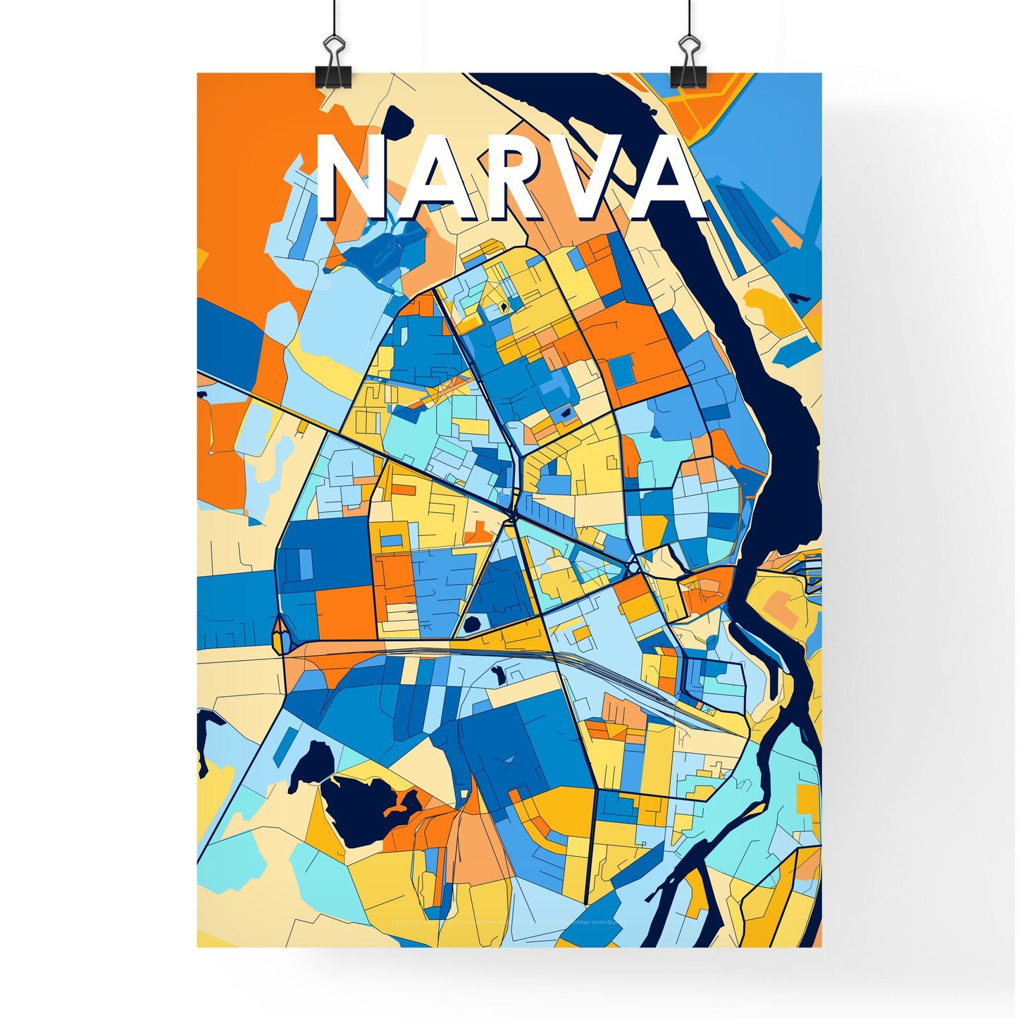 NARVA ESTONIA Vibrant Colorful Art Map Poster Blue Orange