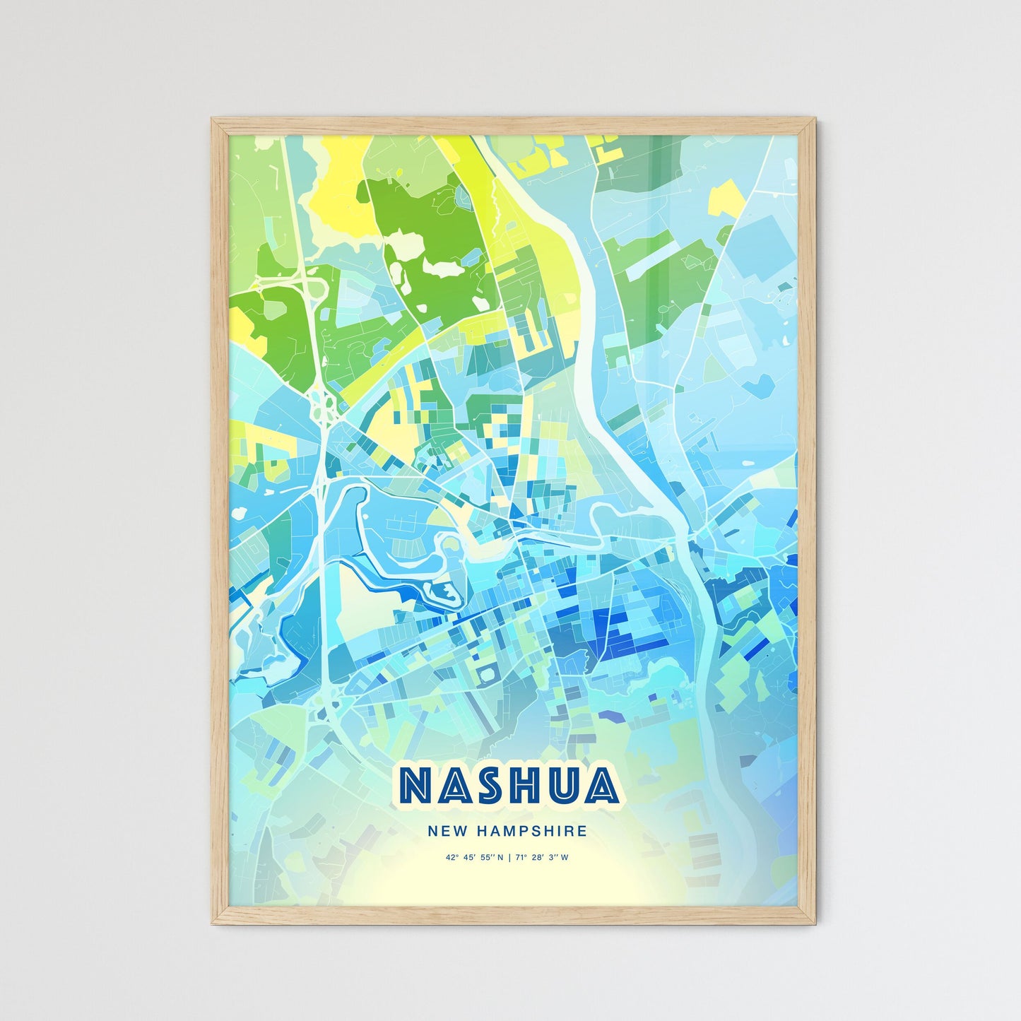 Colorful Nashua New Hampshire Fine Art Map Cool Blue