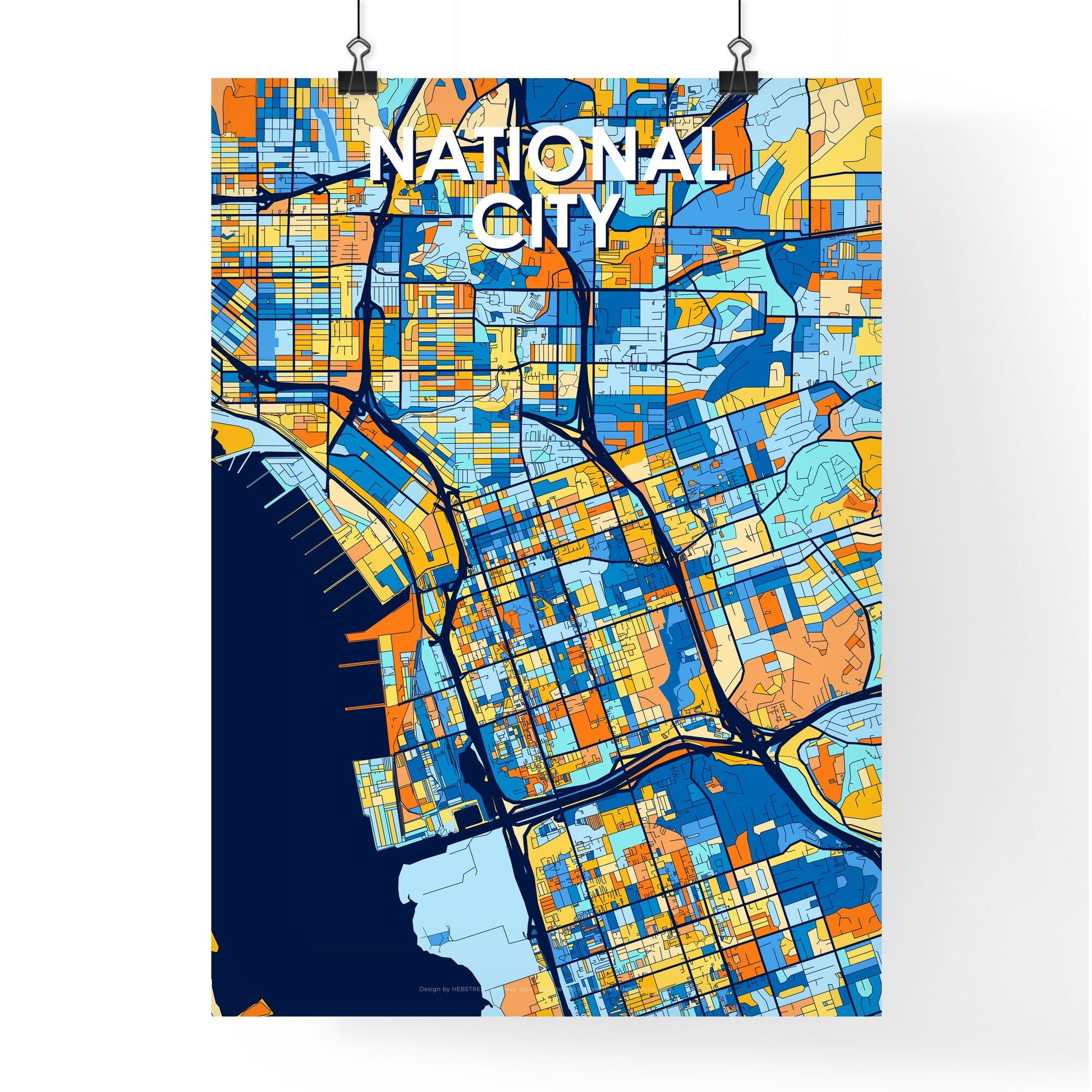 NATIONAL CITY CALIFORNIA Vibrant Colorful Art Map Poster Blue Orange