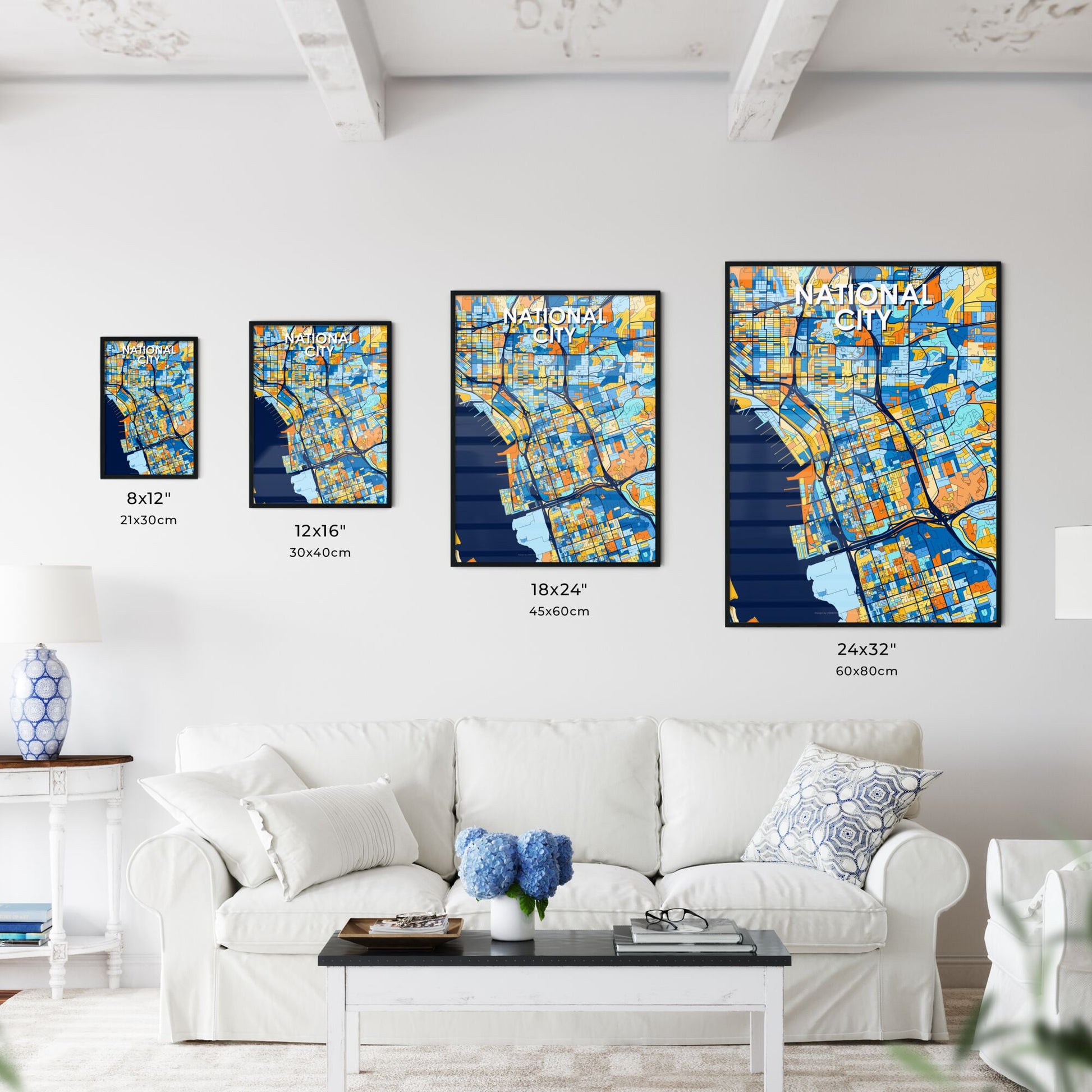 NATIONAL CITY CALIFORNIA Vibrant Colorful Art Map Poster Blue Orange