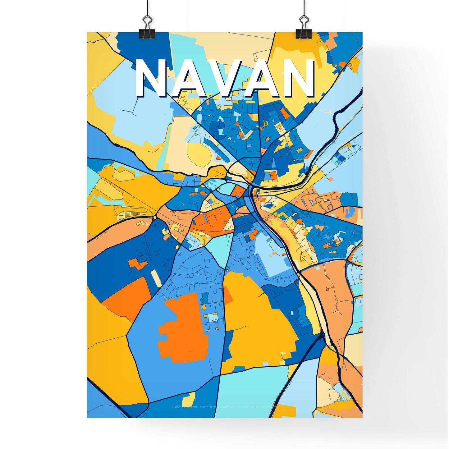 NAVAN IRELAND Vibrant Colorful Art Map Poster Blue Orange