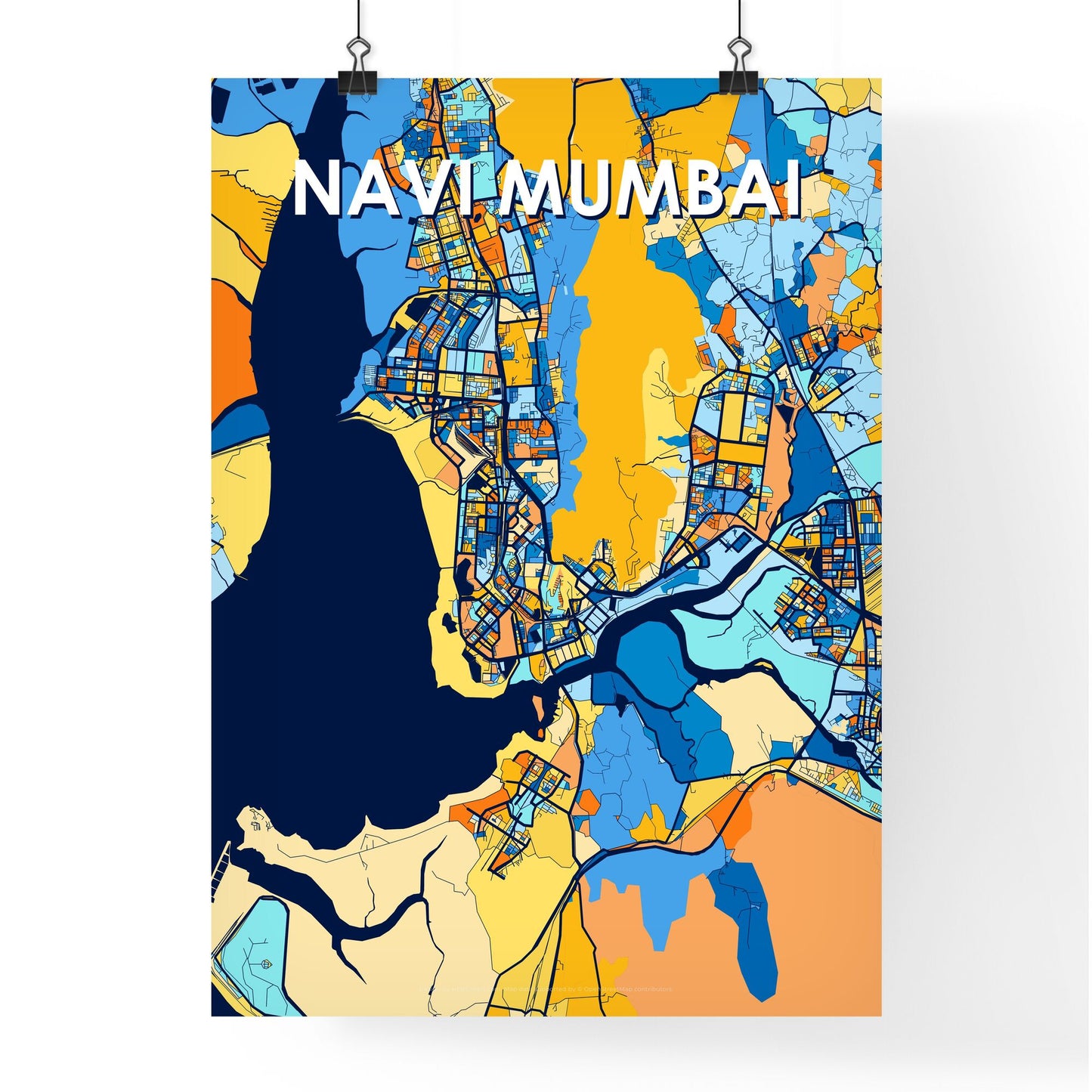 NAVI MUMBAI INDIA Vibrant Colorful Art Map Poster Blue Orange