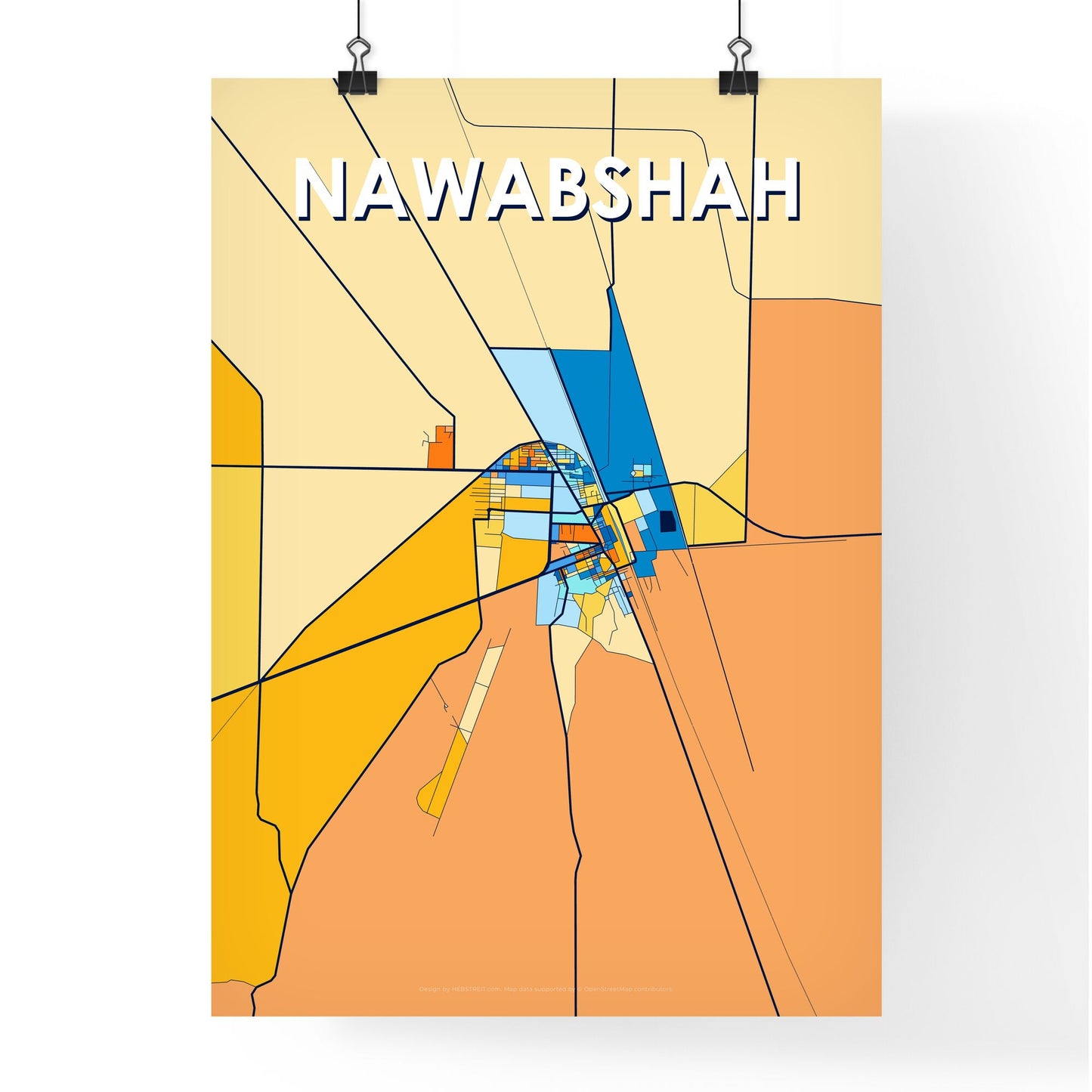 NAWABSHAH PAKISTAN Vibrant Colorful Art Map Poster Blue Orange