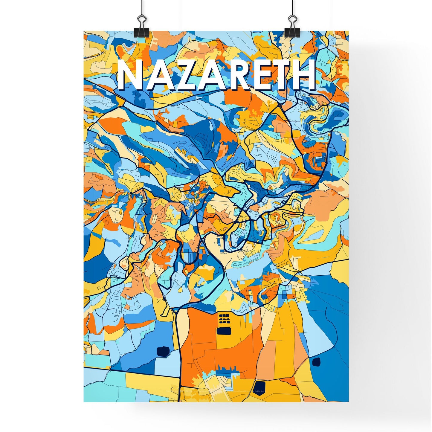 NAZARETH ISRAEL Vibrant Colorful Art Map Poster Blue Orange