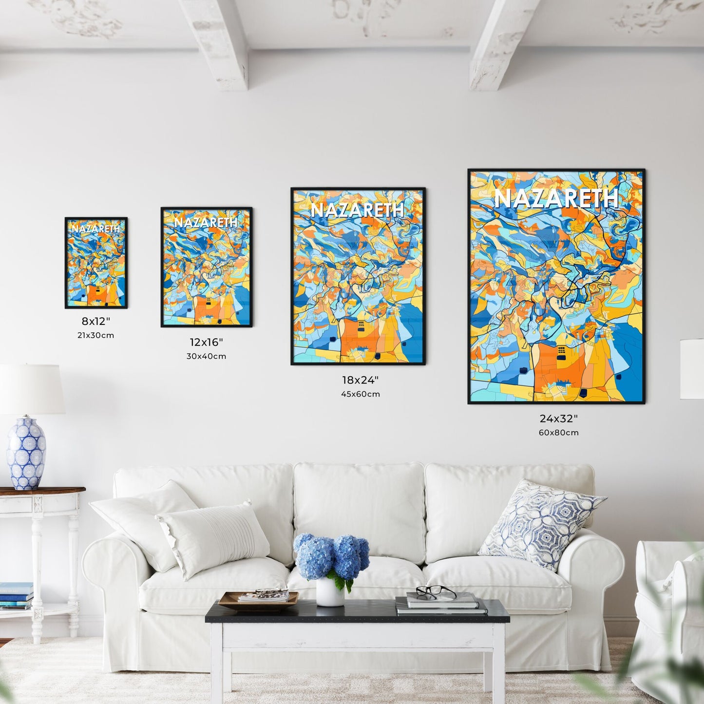 NAZARETH ISRAEL Vibrant Colorful Art Map Poster Blue Orange