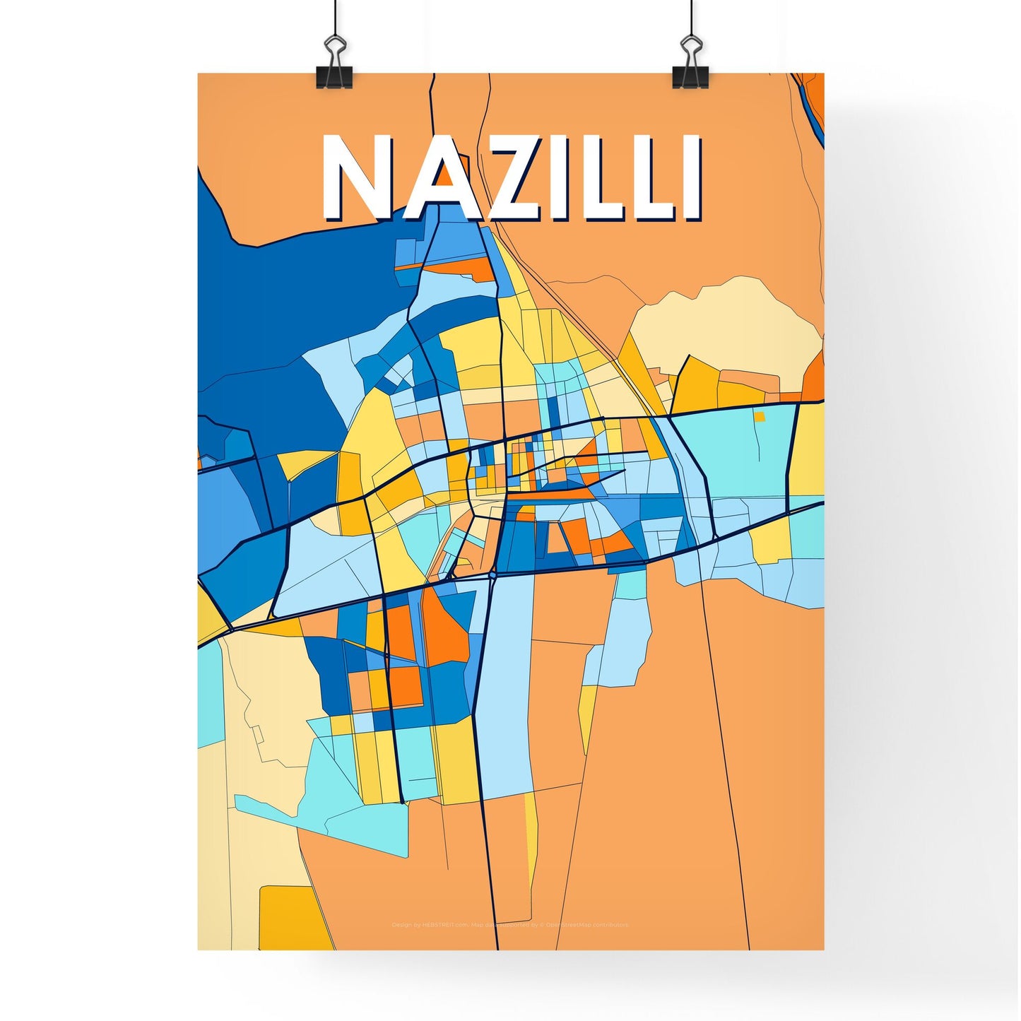 NAZILLI TURKEY Vibrant Colorful Art Map Poster Blue Orange