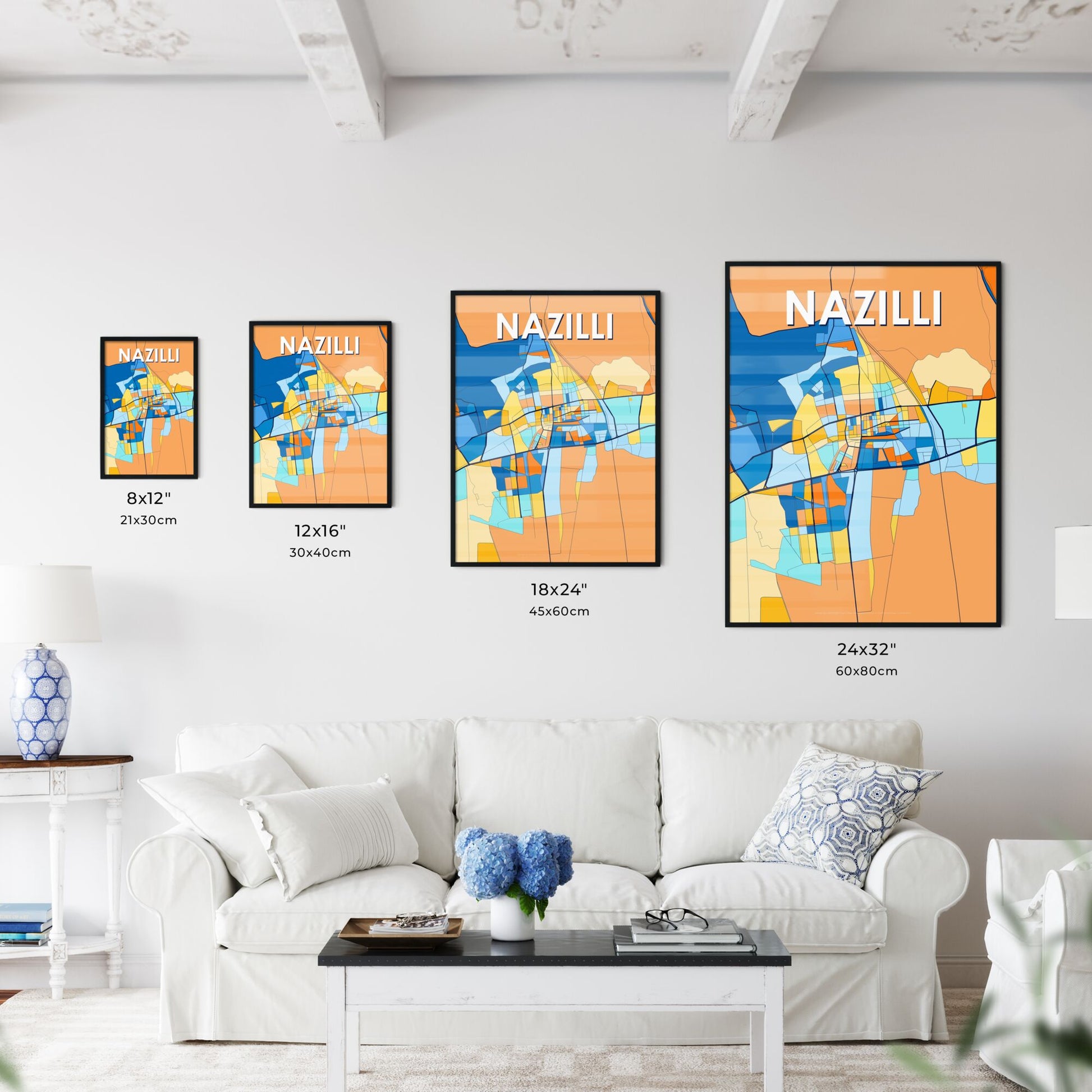 NAZILLI TURKEY Vibrant Colorful Art Map Poster Blue Orange