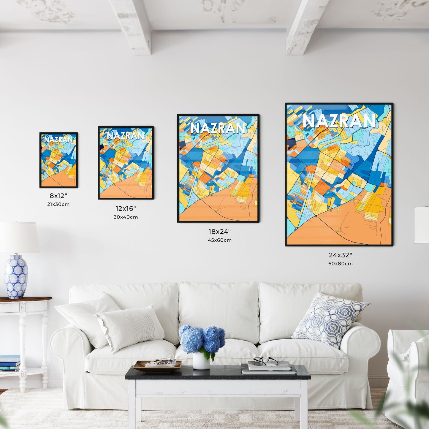 NAZRAN RUSSIA Vibrant Colorful Art Map Poster Blue Orange