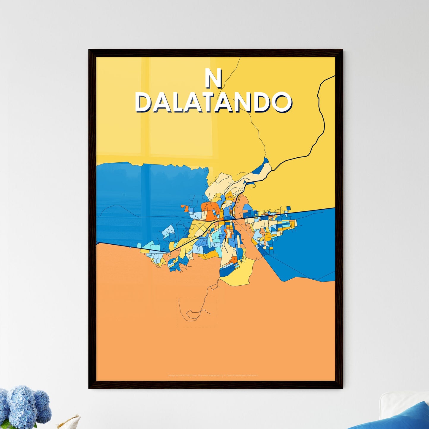 N DALATANDO ANGOLA Vibrant Colorful Art Map Poster Blue Orange