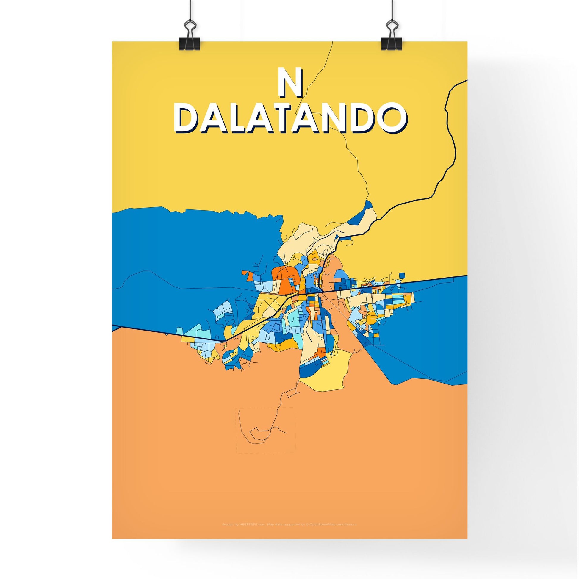 N DALATANDO ANGOLA Vibrant Colorful Art Map Poster Blue Orange