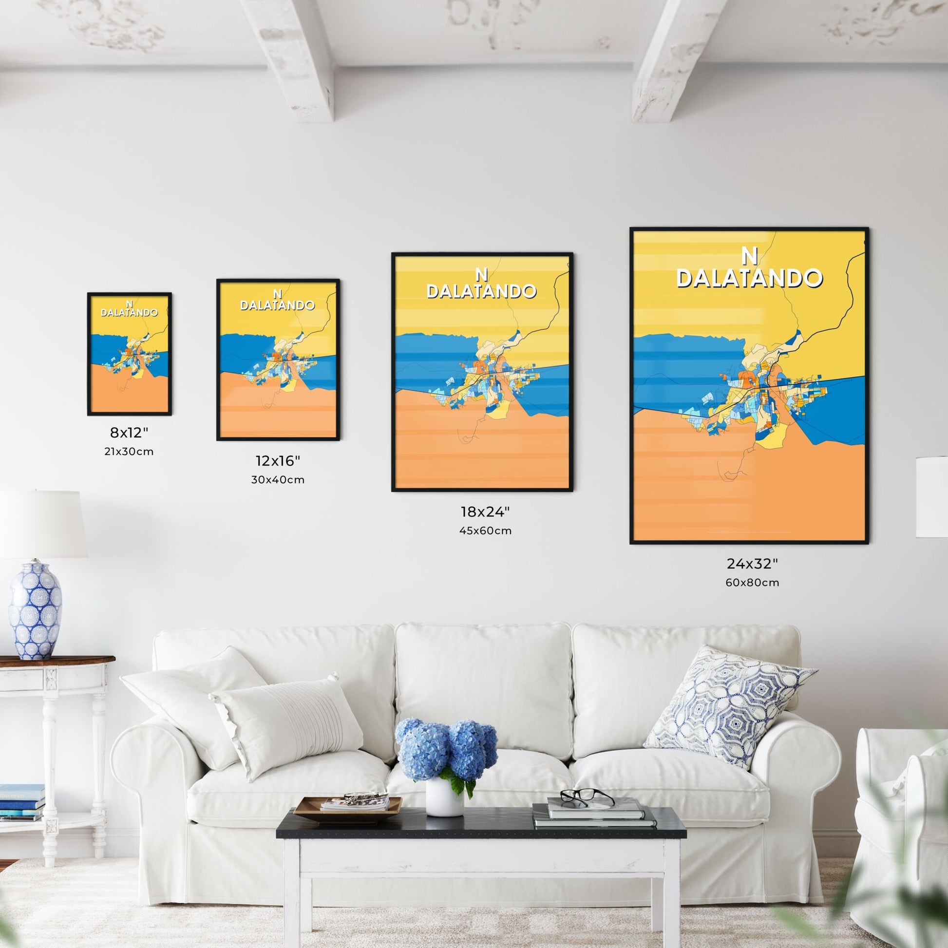 N DALATANDO ANGOLA Vibrant Colorful Art Map Poster Blue Orange