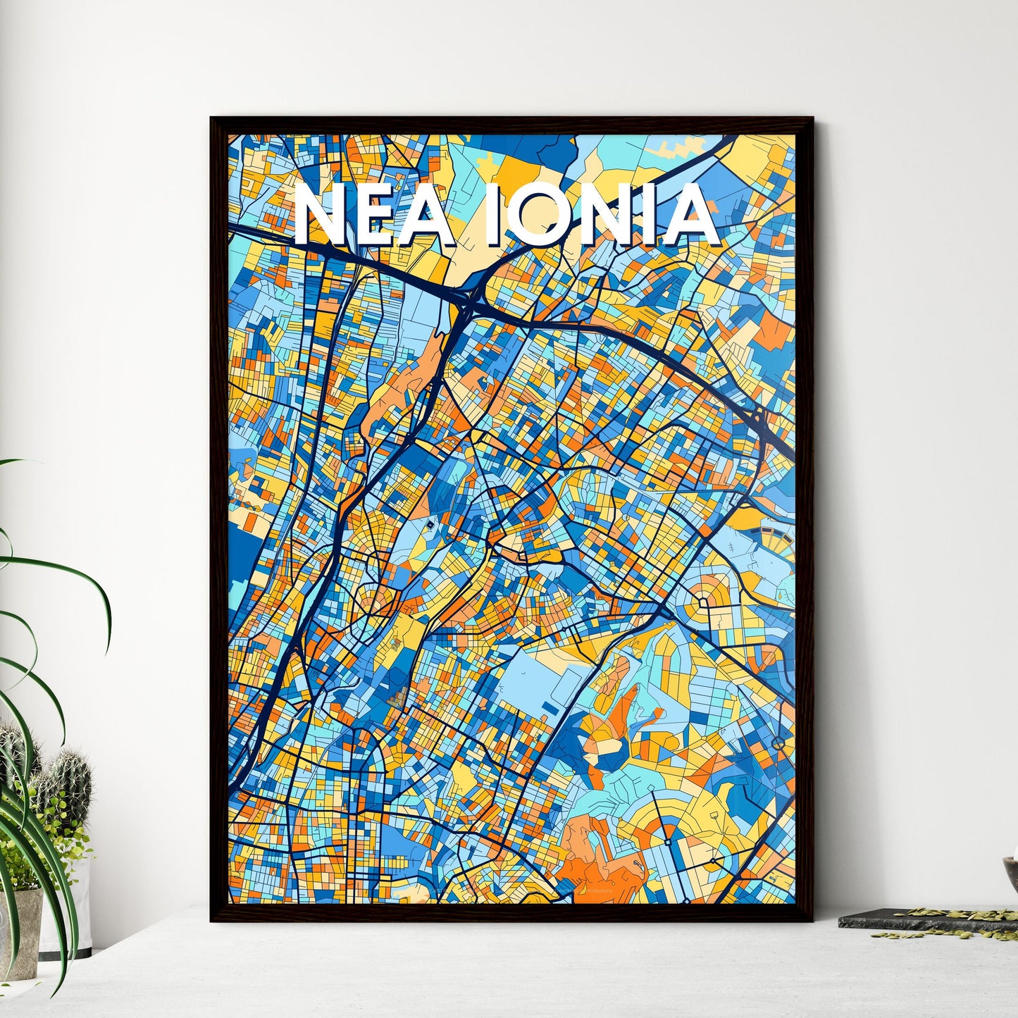 NEA IONIA GREECE Vibrant Colorful Art Map Poster Blue Orange