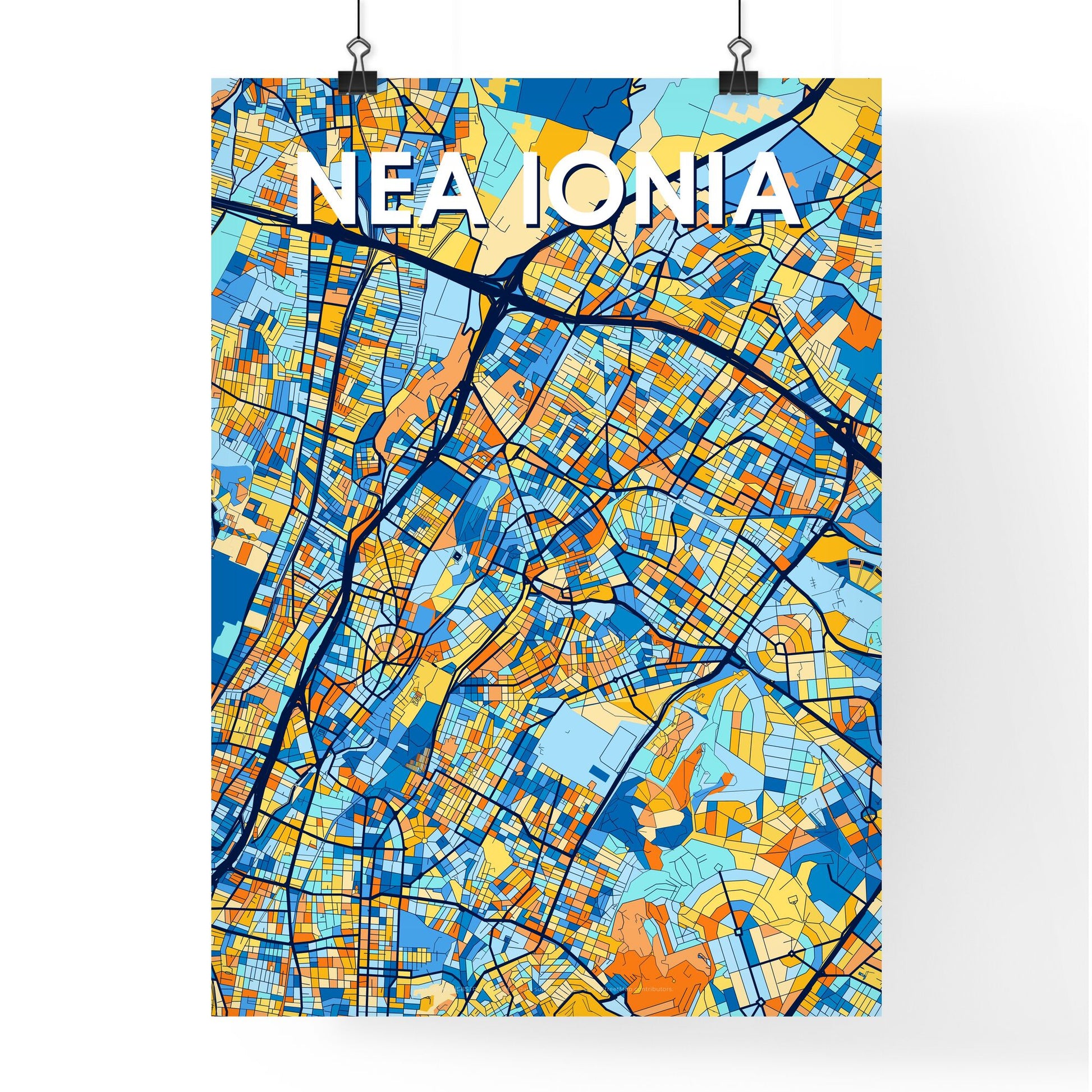 NEA IONIA GREECE Vibrant Colorful Art Map Poster Blue Orange