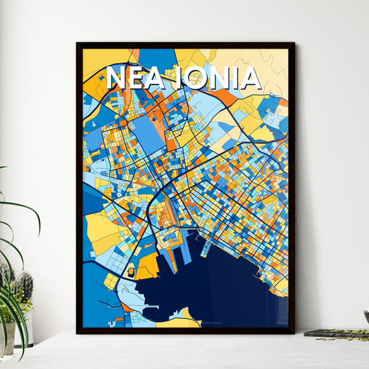 NEA IONIA GREECE Vibrant Colorful Art Map Poster Blue Orange