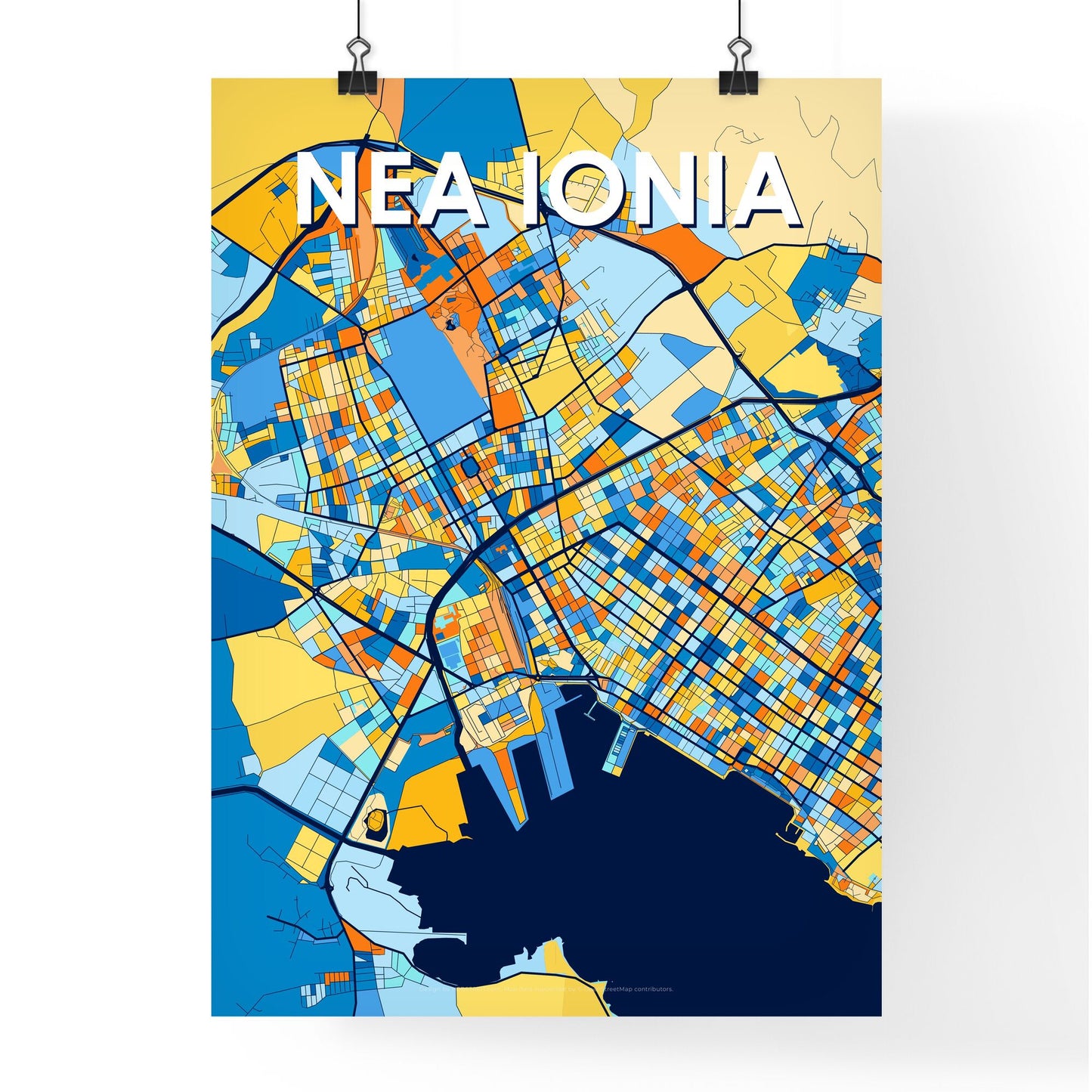 NEA IONIA GREECE Vibrant Colorful Art Map Poster Blue Orange