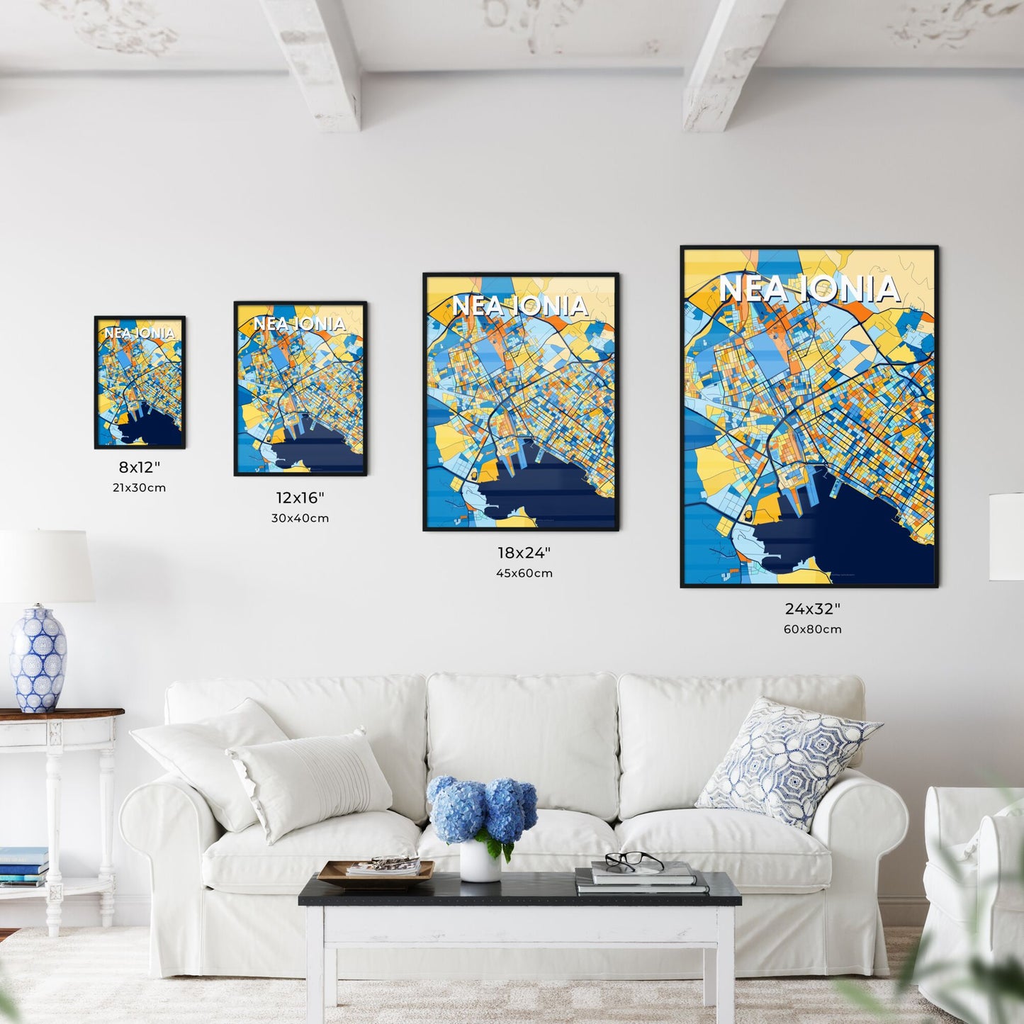 NEA IONIA GREECE Vibrant Colorful Art Map Poster Blue Orange