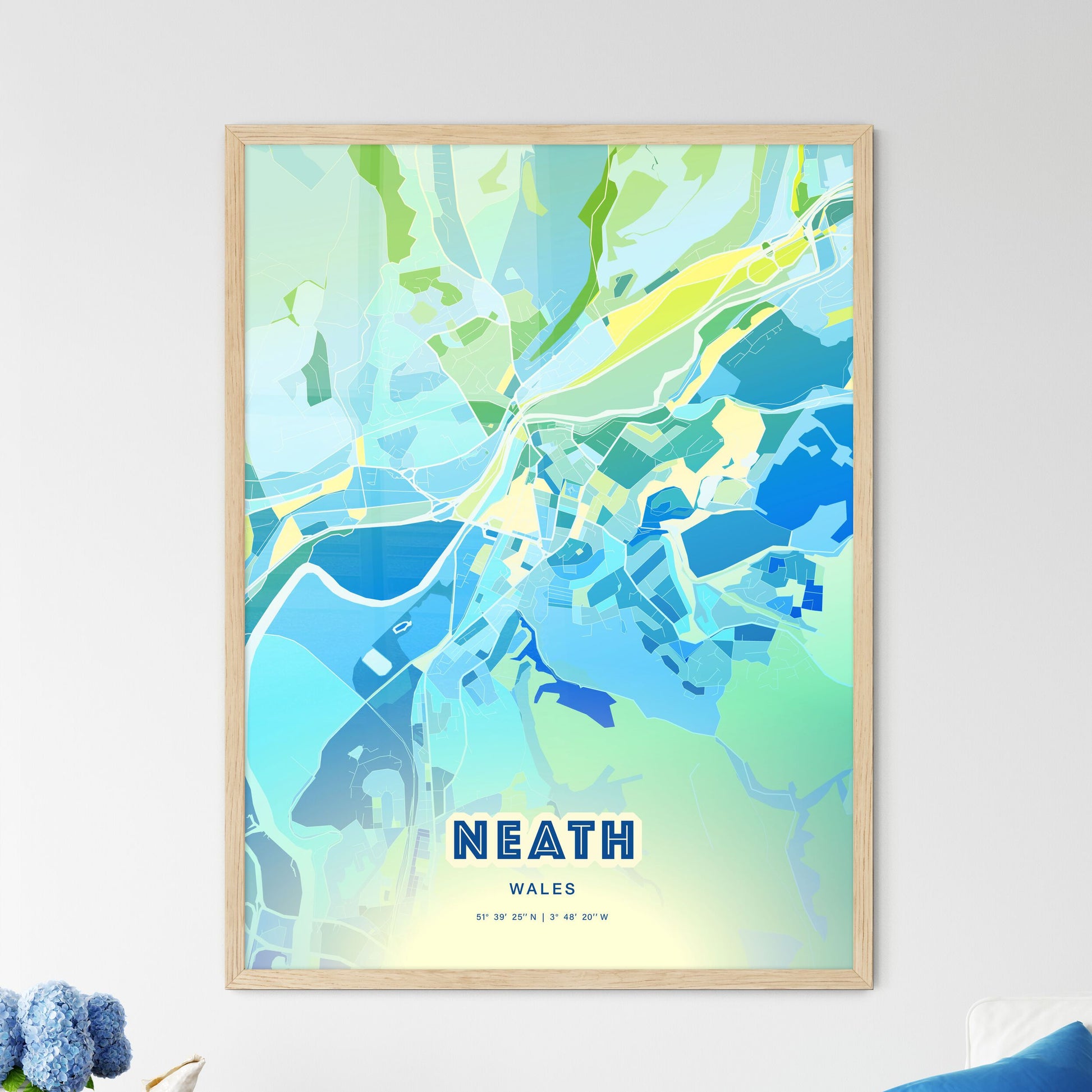 Colorful Neath Wales Fine Art Map Cool Blue