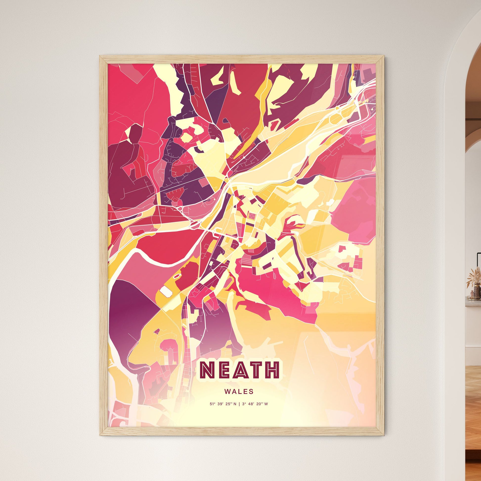 Colorful Neath Wales Fine Art Map Hot Red