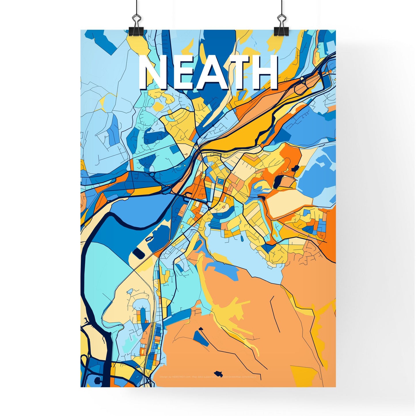 NEATH WALES Vibrant Colorful Art Map Poster Blue Orange