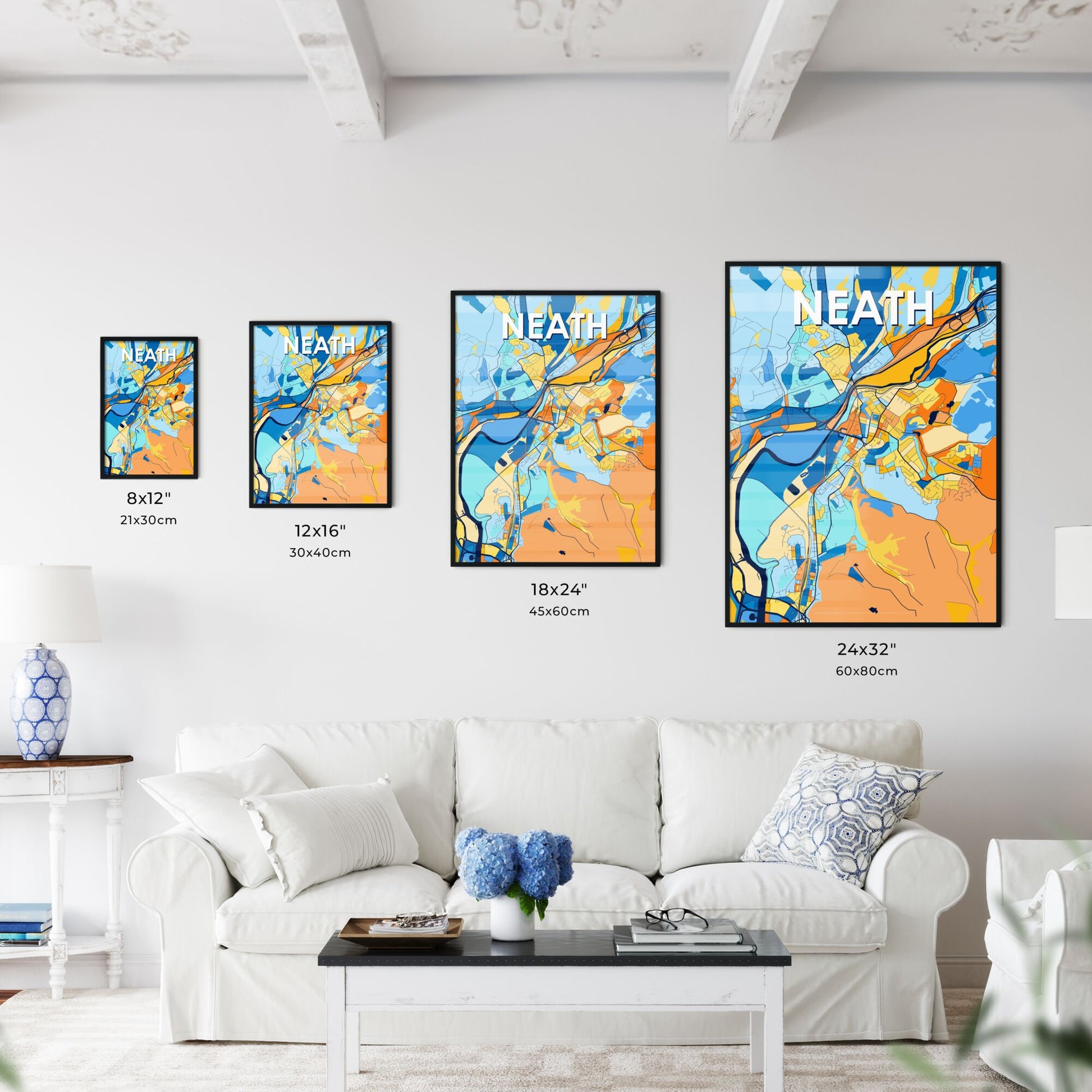 NEATH WALES Vibrant Colorful Art Map Poster Blue Orange