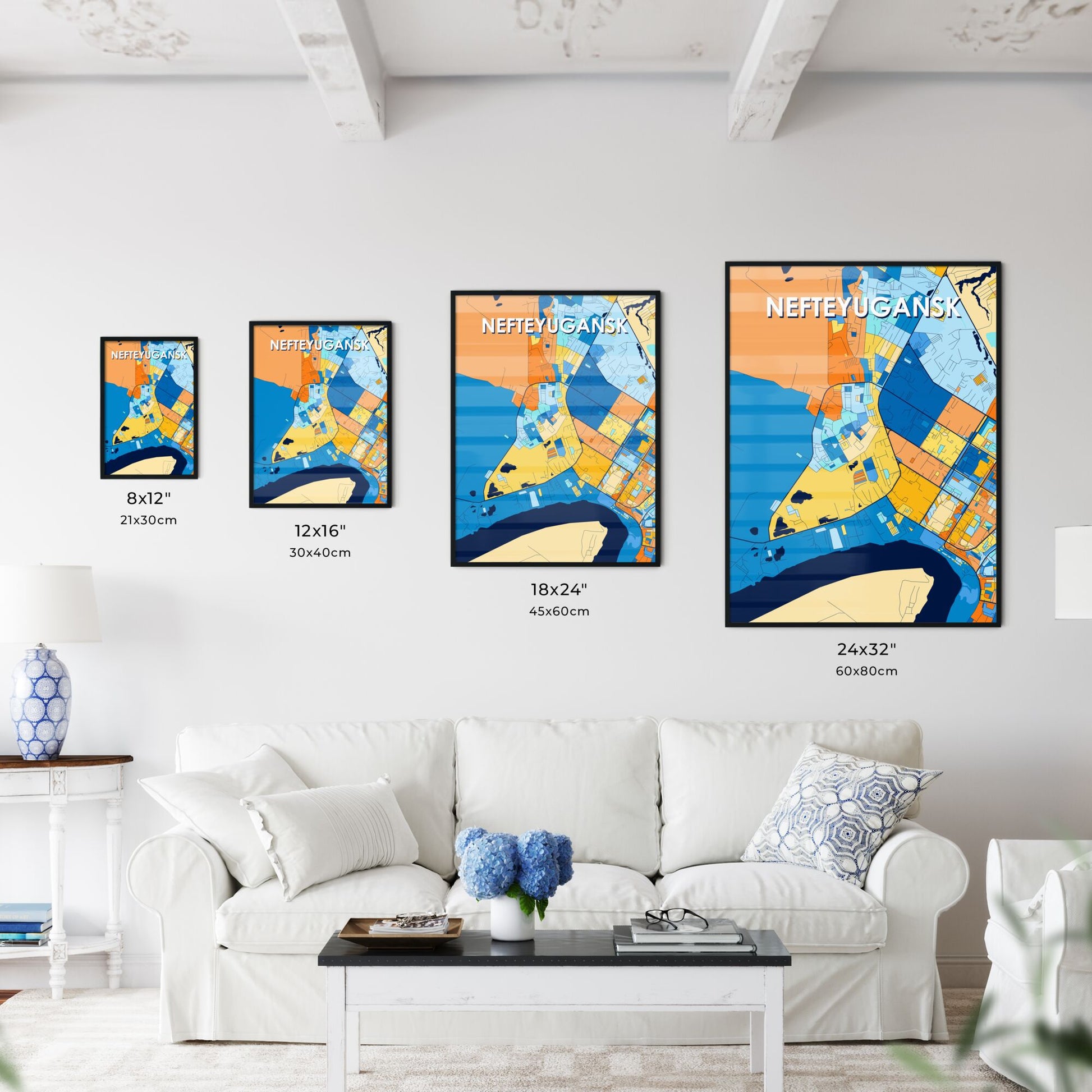 NEFTEYUGANSK RUSSIA Vibrant Colorful Art Map Poster Blue Orange