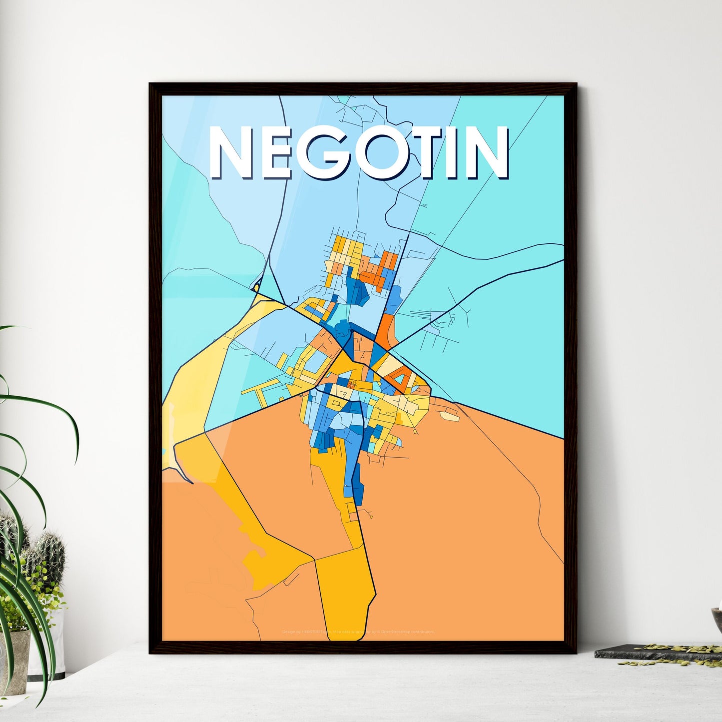 NEGOTIN SERBIA Vibrant Colorful Art Map Poster Blue Orange