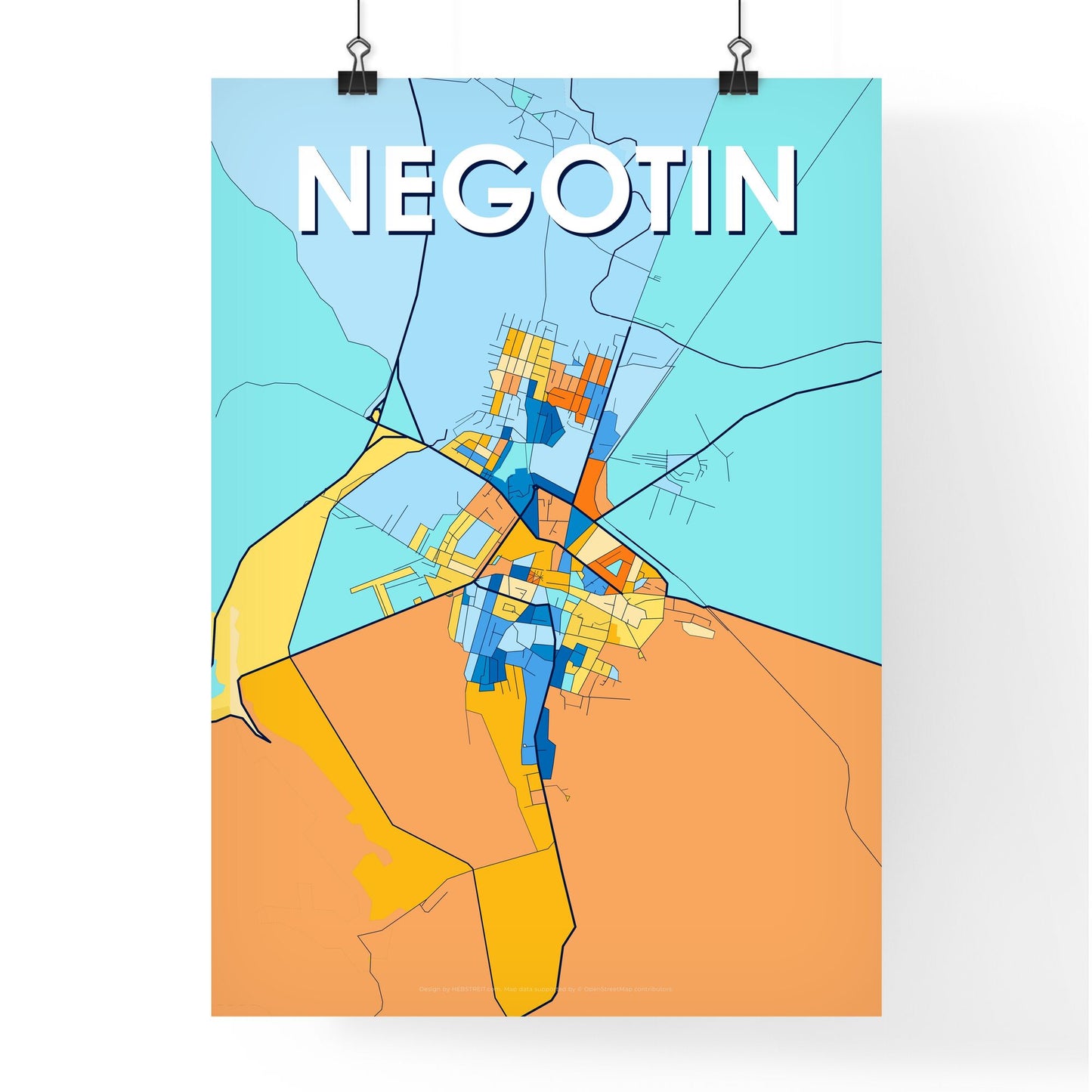 NEGOTIN SERBIA Vibrant Colorful Art Map Poster Blue Orange