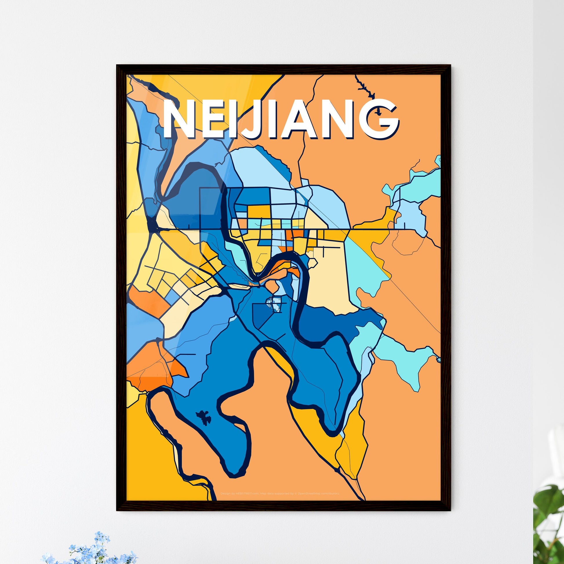 NEIJIANG CHINA Vibrant Colorful Art Map Poster Blue Orange