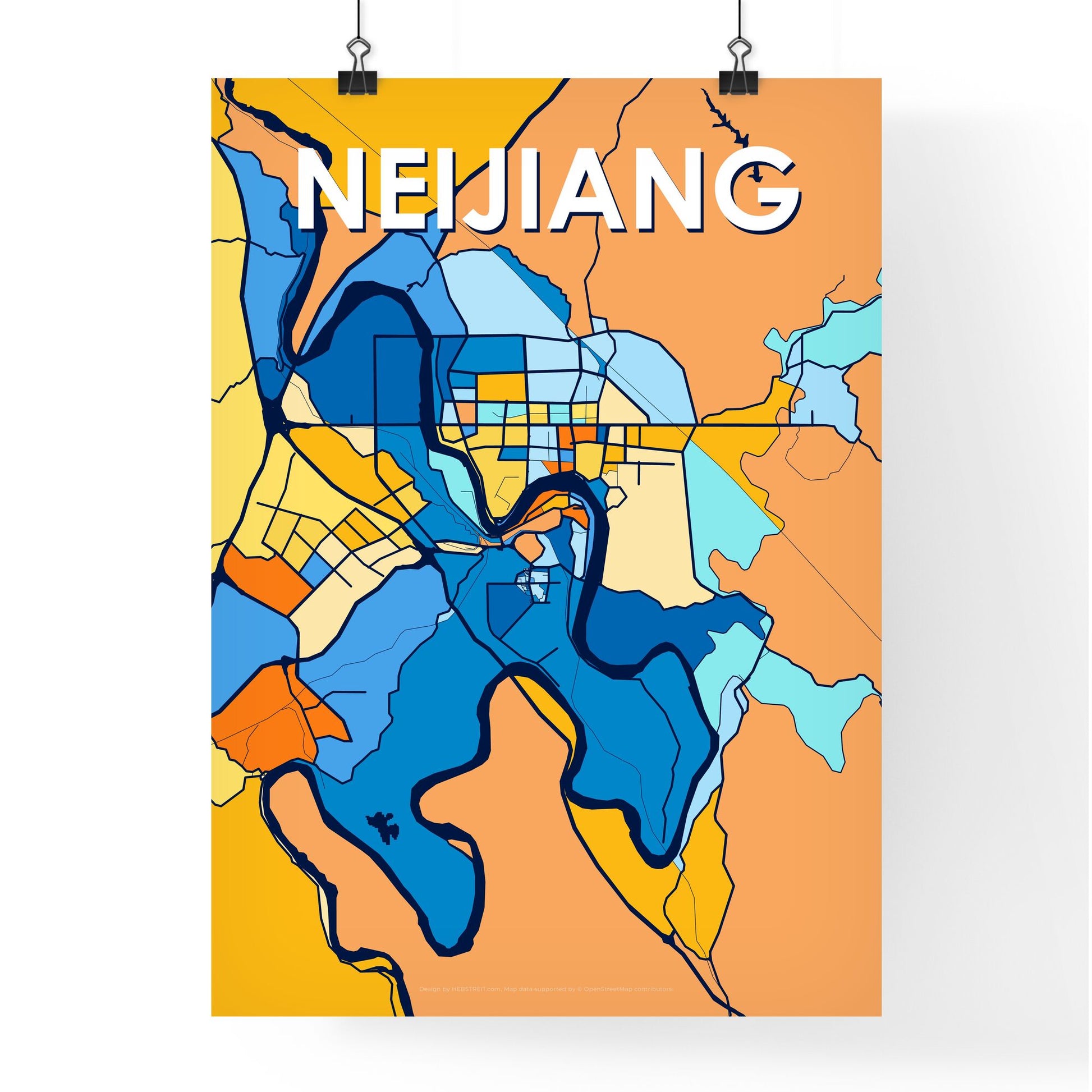 NEIJIANG CHINA Vibrant Colorful Art Map Poster Blue Orange