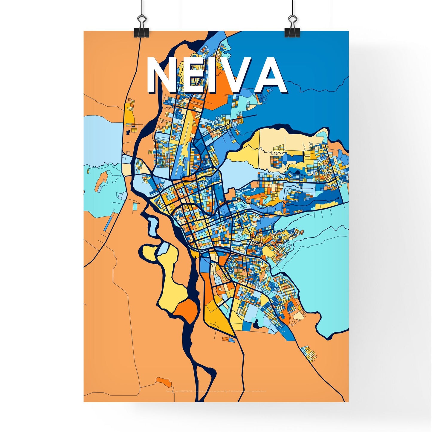 NEIVA COLOMBIA Vibrant Colorful Art Map Poster Blue Orange