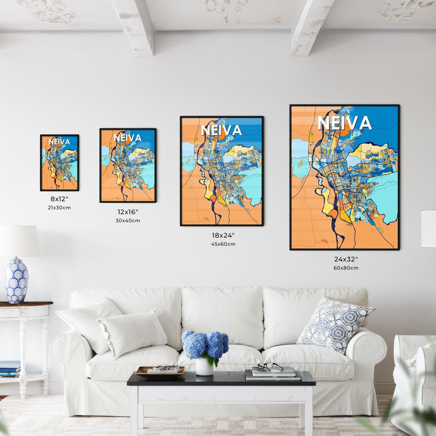 NEIVA COLOMBIA Vibrant Colorful Art Map Poster Blue Orange