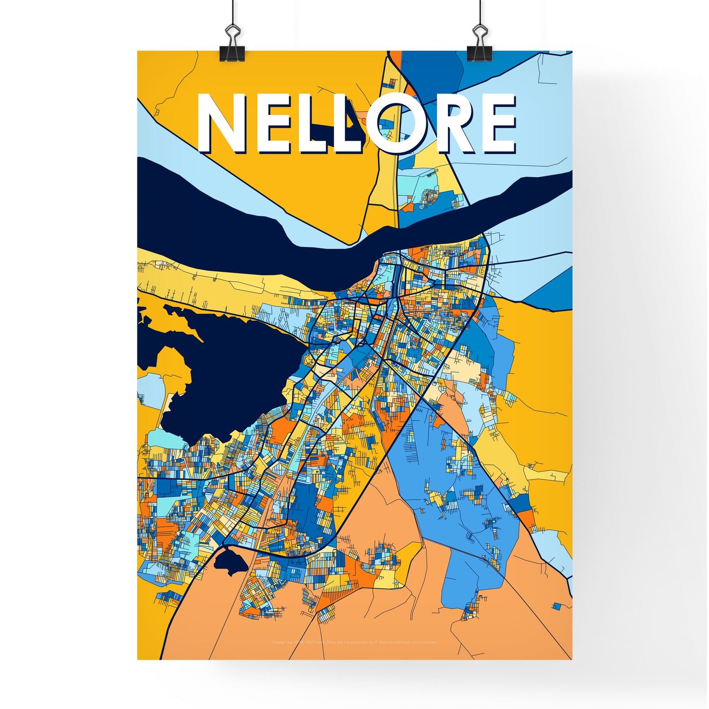 NELLORE INDIA Vibrant Colorful Art Map Poster Blue Orange