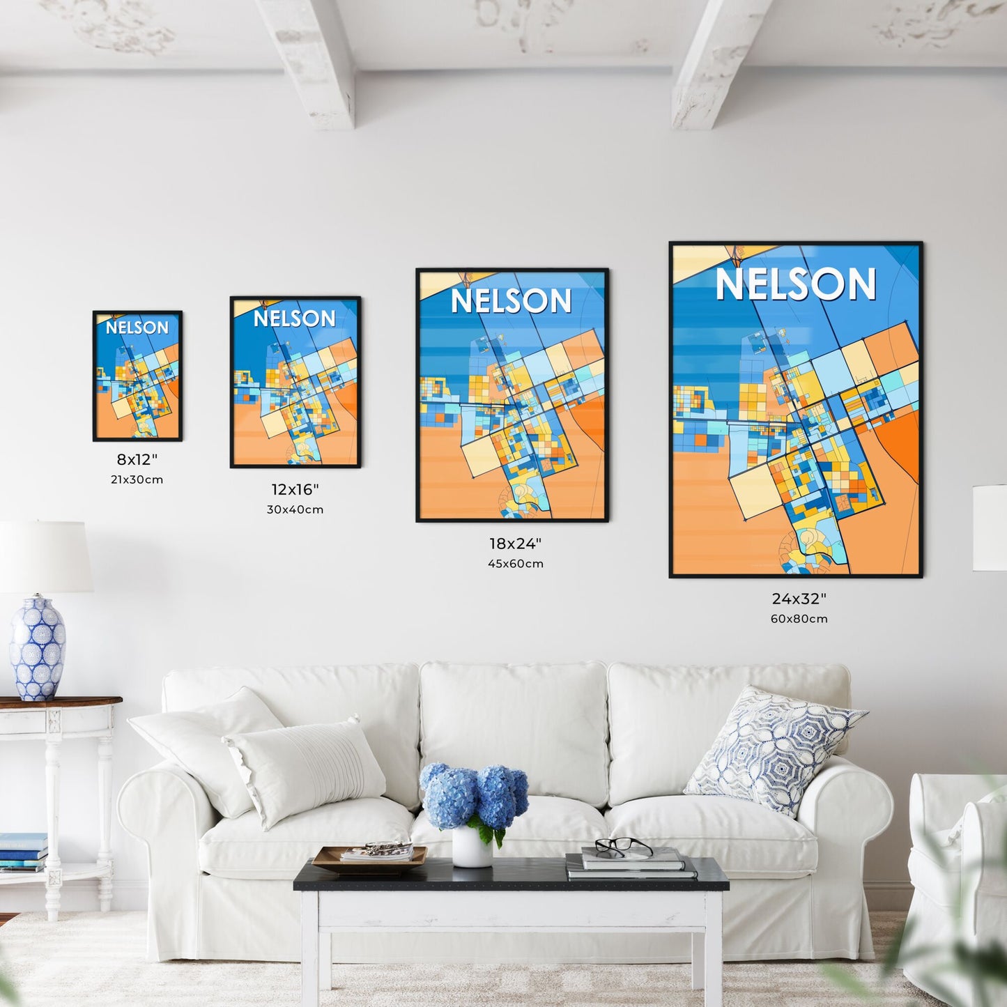 NELSON NEW ZEALAND Vibrant Colorful Art Map Poster Blue Orange