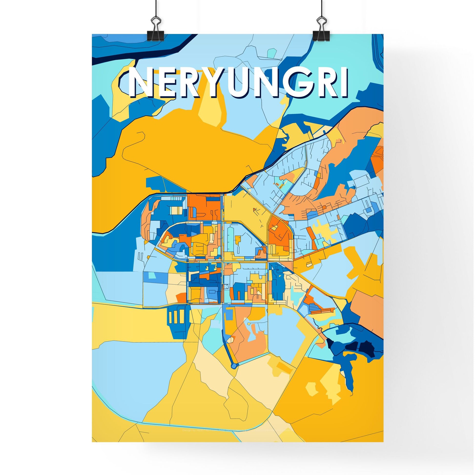 NERYUNGRI RUSSIA Vibrant Colorful Art Map Poster Blue Orange