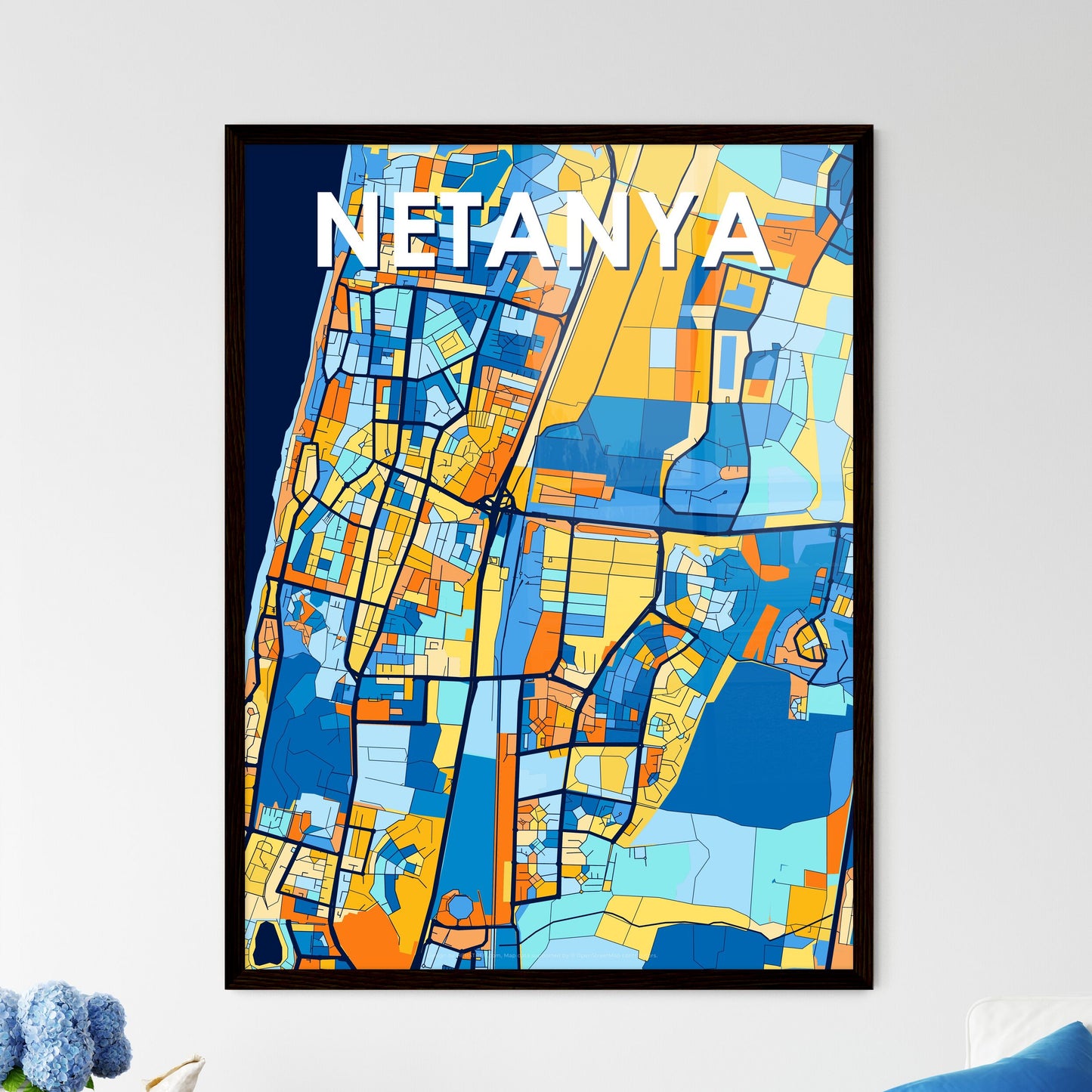 NETANYA ISRAEL Vibrant Colorful Art Map Poster Blue Orange