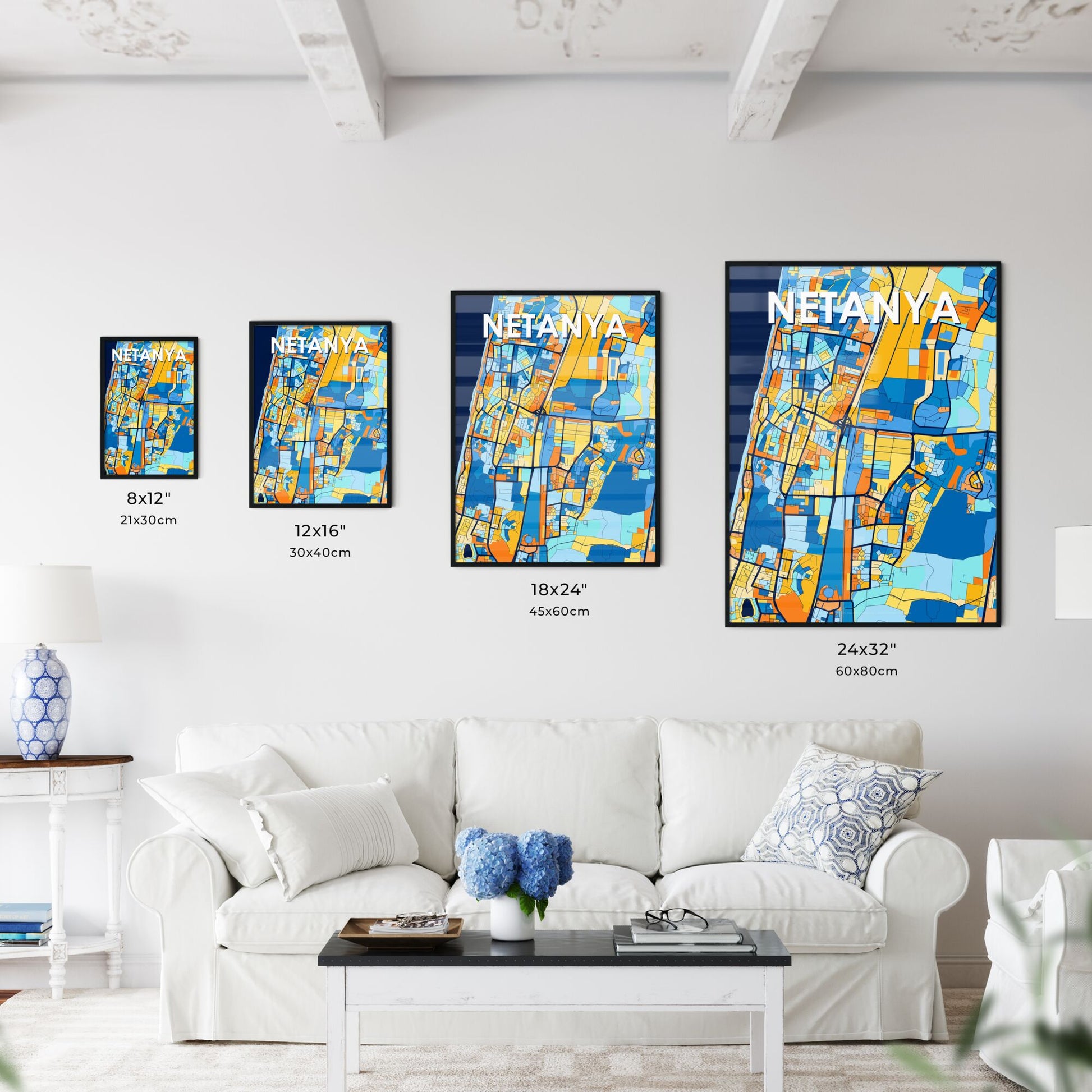 NETANYA ISRAEL Vibrant Colorful Art Map Poster Blue Orange