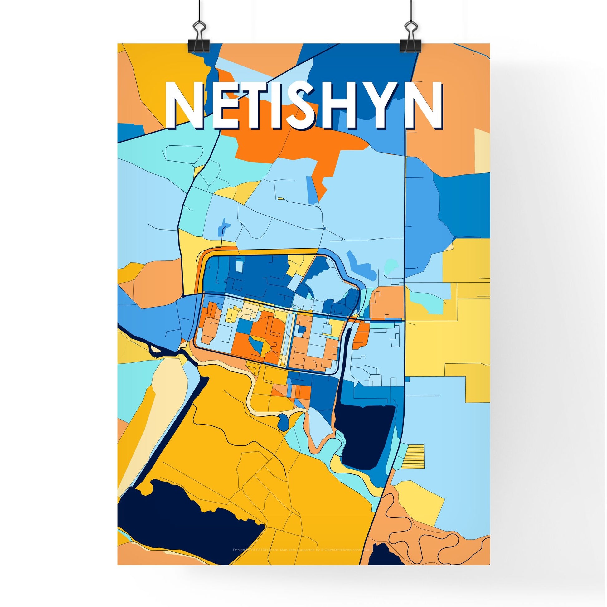 NETISHYN UKRAINE Vibrant Colorful Art Map Poster Blue Orange