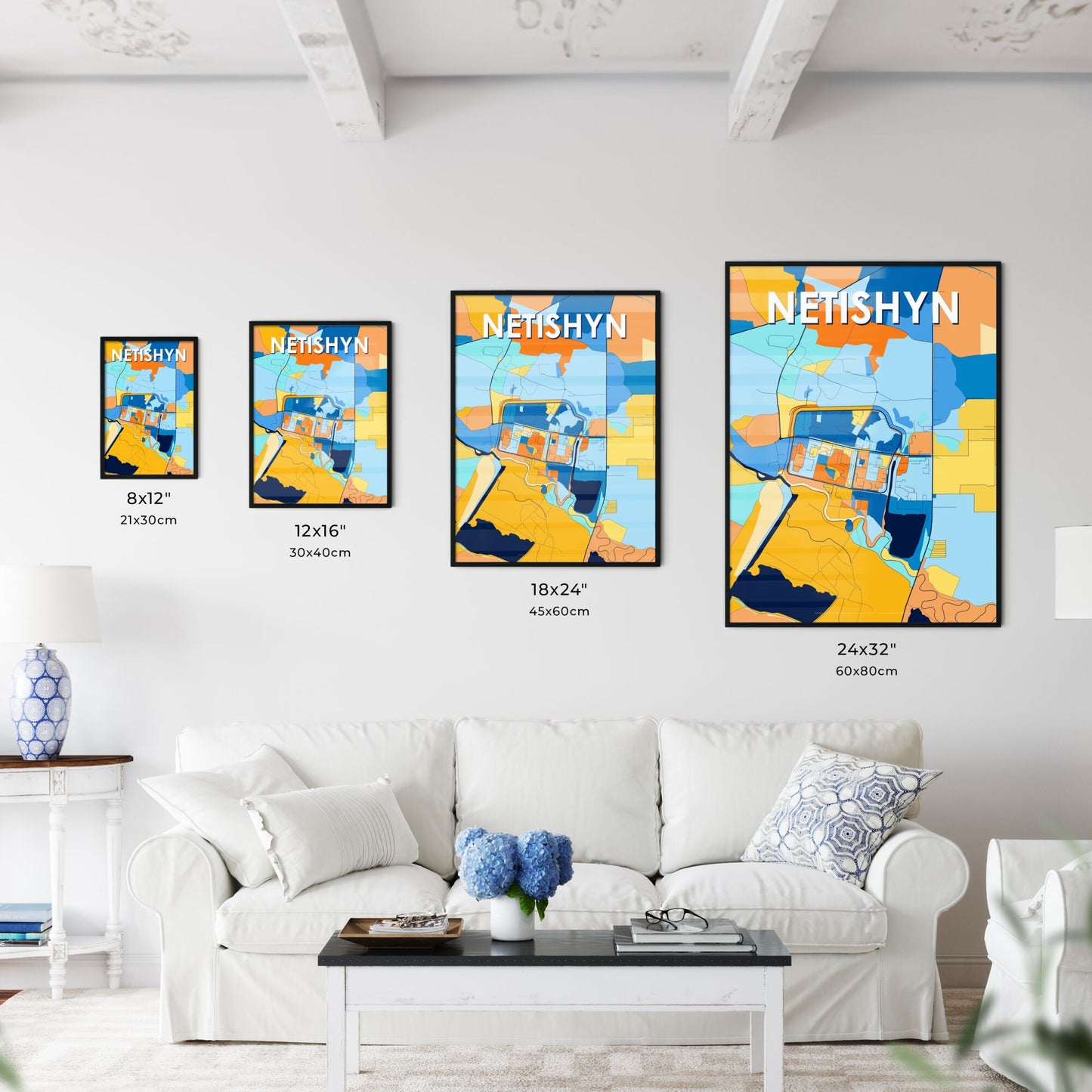 NETISHYN UKRAINE Vibrant Colorful Art Map Poster Blue Orange