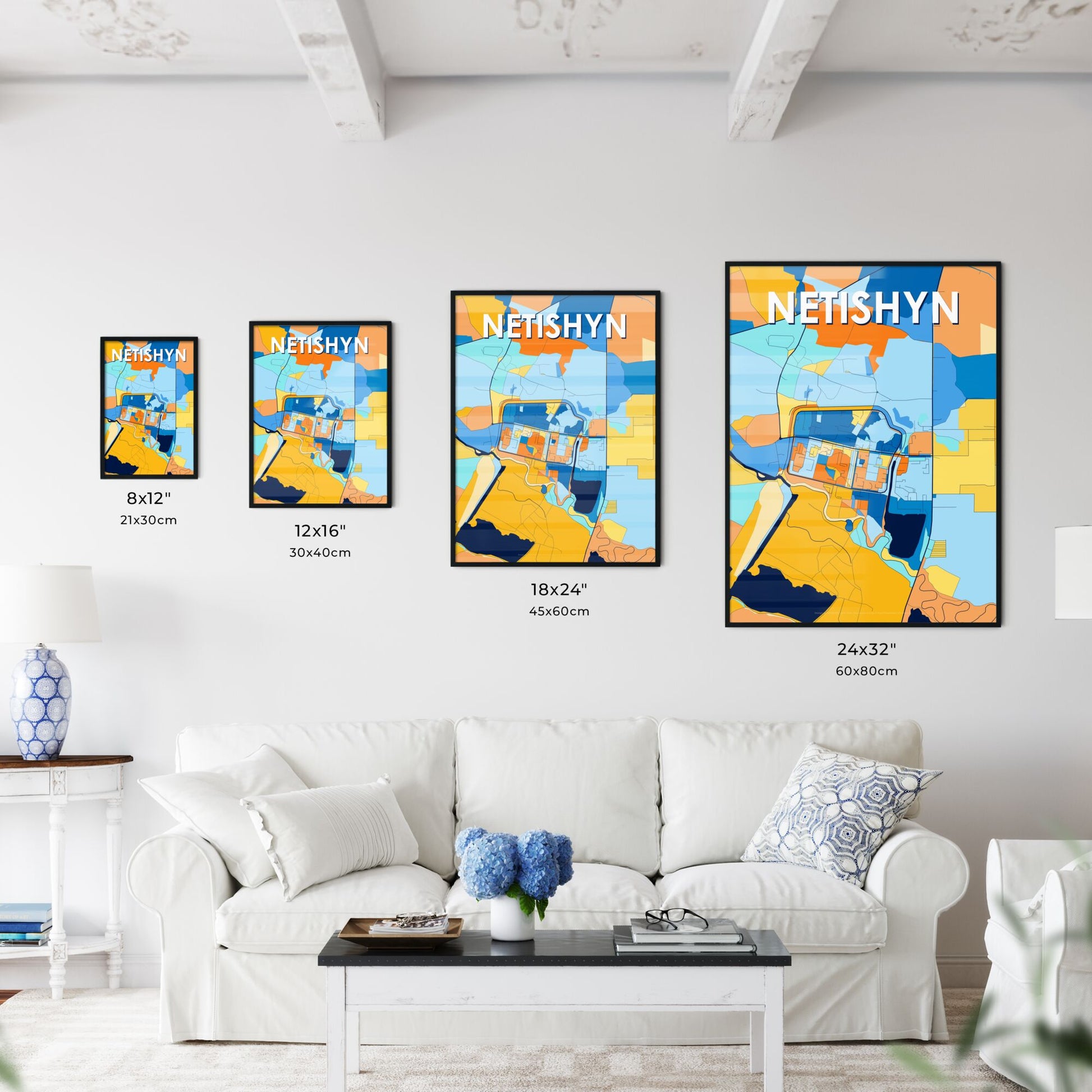 NETISHYN UKRAINE Vibrant Colorful Art Map Poster Blue Orange