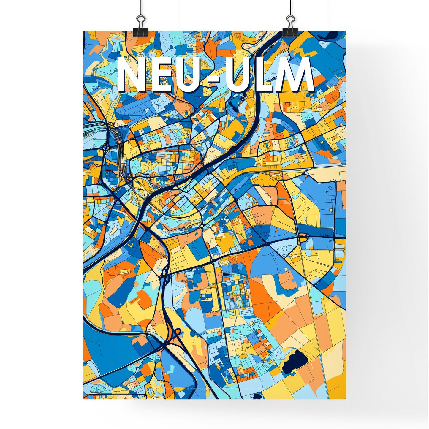 NEU-ULM GERMANY Vibrant Colorful Art Map Poster Blue Orange