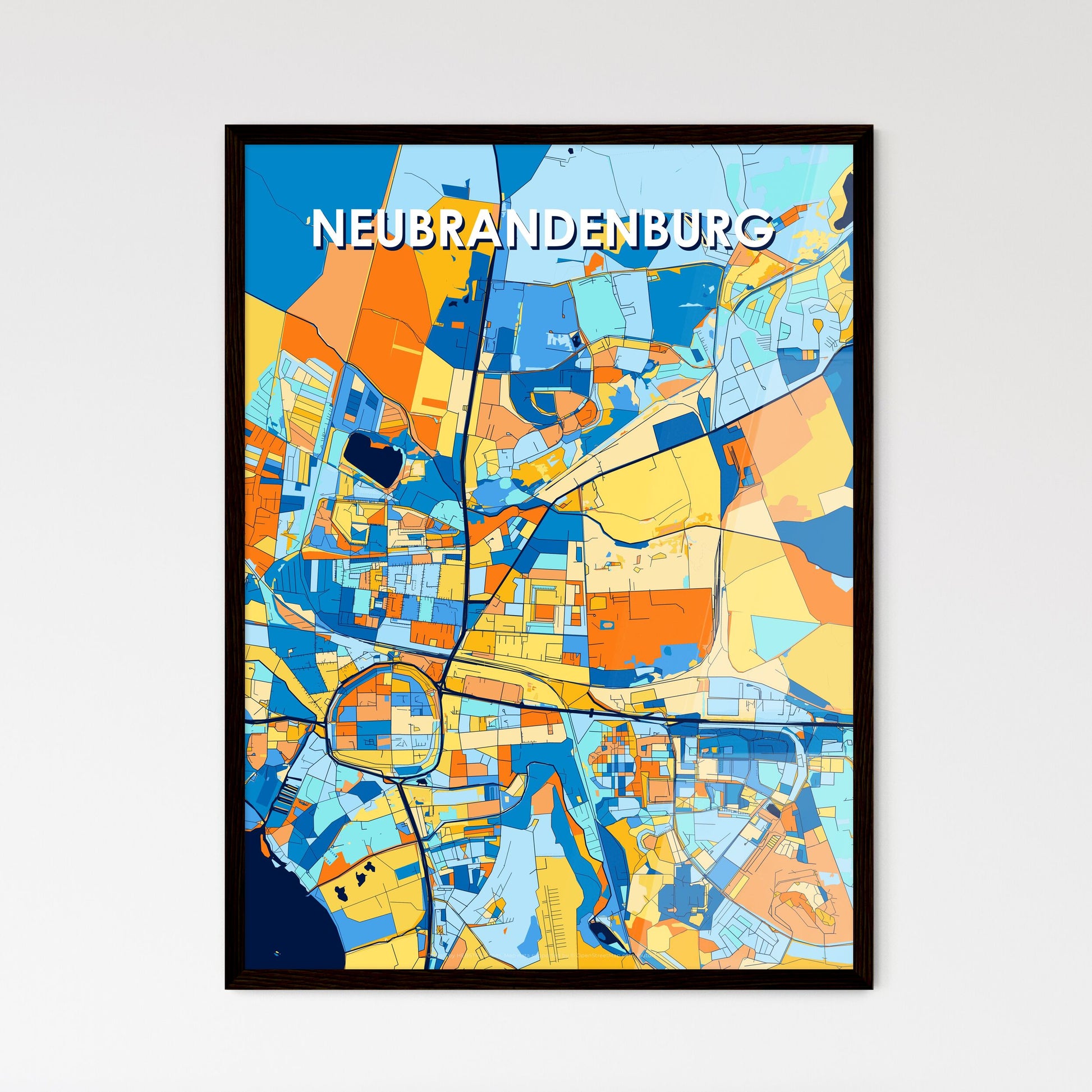 NEUBRANDENBURG GERMANY Vibrant Colorful Art Map Poster Blue Orange